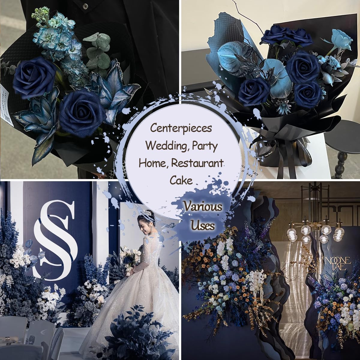 25pcs Navy Blue Artificial Flowers Decorations, Real Touch Foam Fake Rose wit…