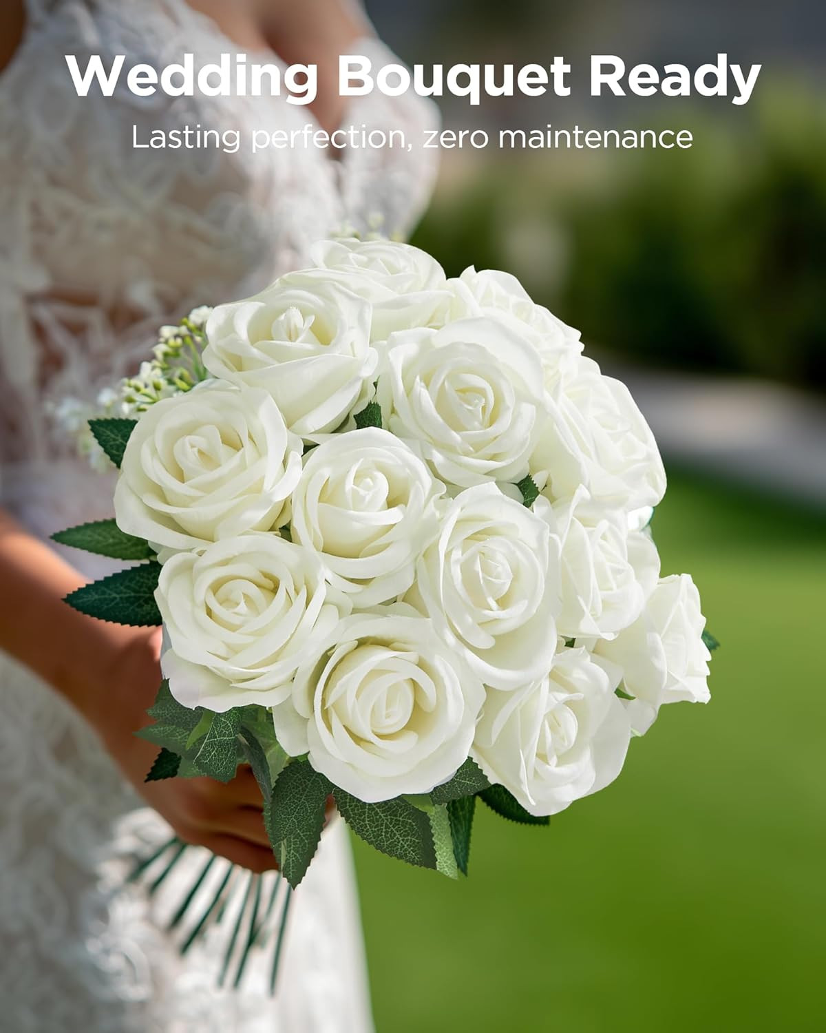 50 Pcs White Roses Artificial Flowers, Fake Velvet Silk Rose Bulk Faux Flower fo