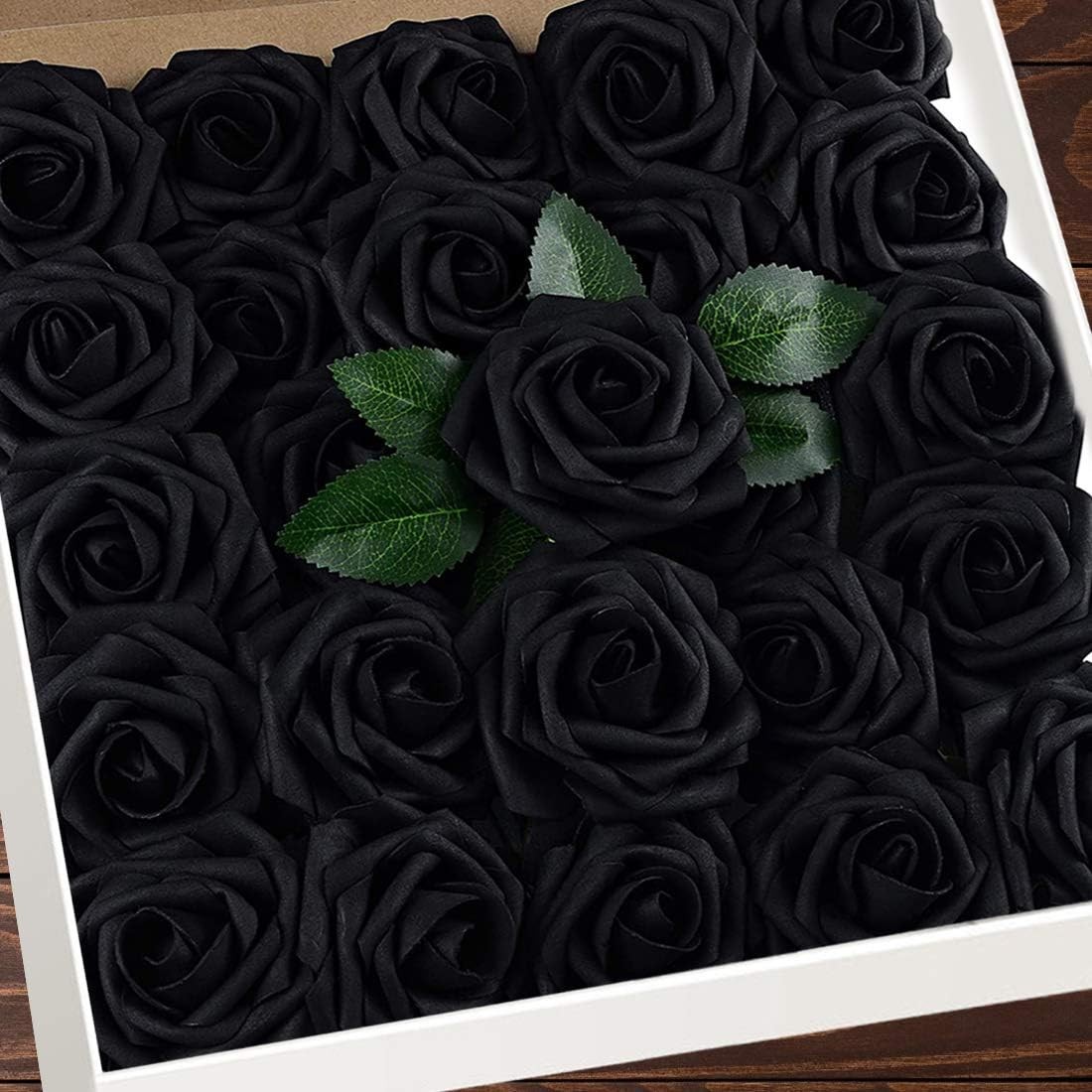 Artificial Flowers 25pcs Real Looking Black Foam Fake Roses with Stems for DIY W