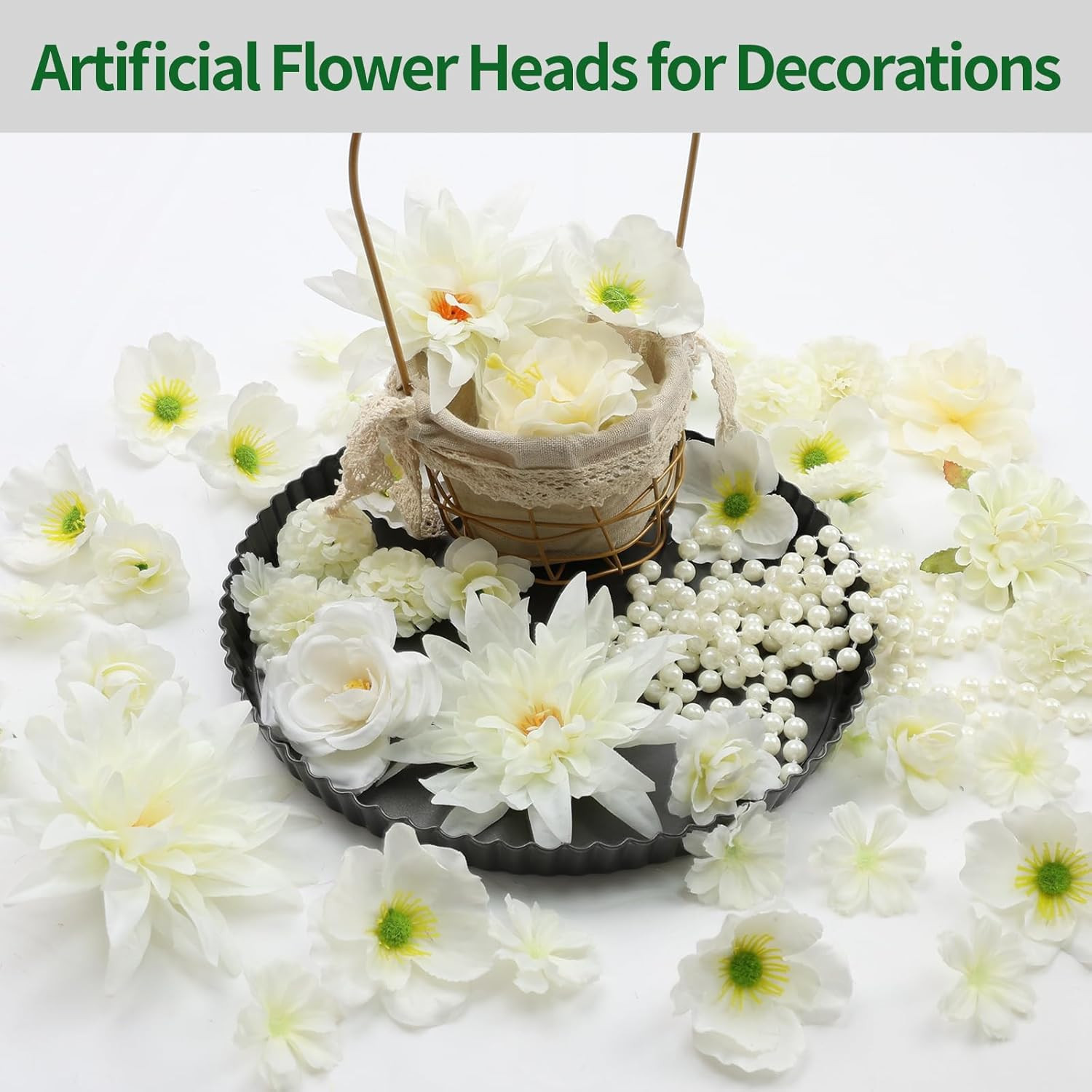 56 PCS Artificial Flower Heads White Bulk Fake Rose Peony Hydrangea Faux Flowers