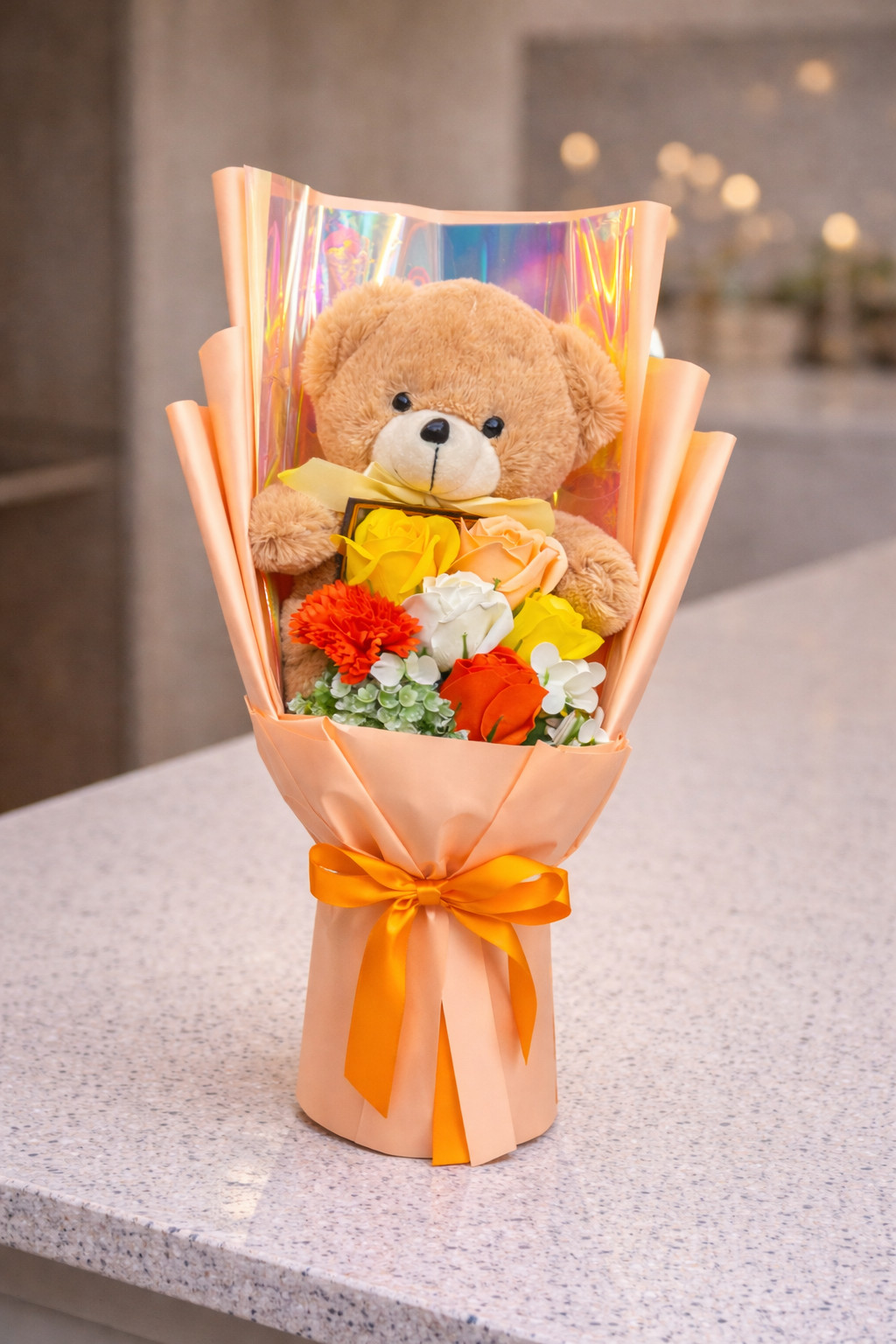 Teddy Bear Rose Flower Peach Bouquet Holiday Gift Box Anniversary Romantic Gift