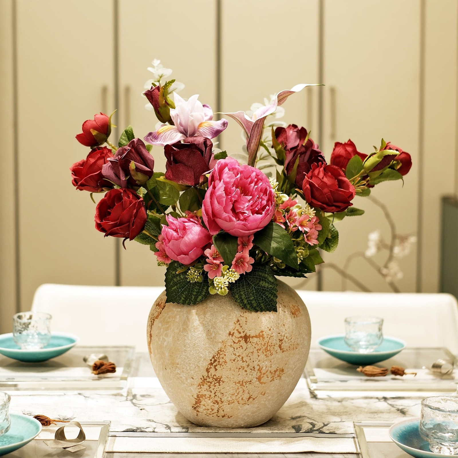 Red Pink Mixed Artificial Rose Peony Real Touch Bouquet Lifelike Floral Decor