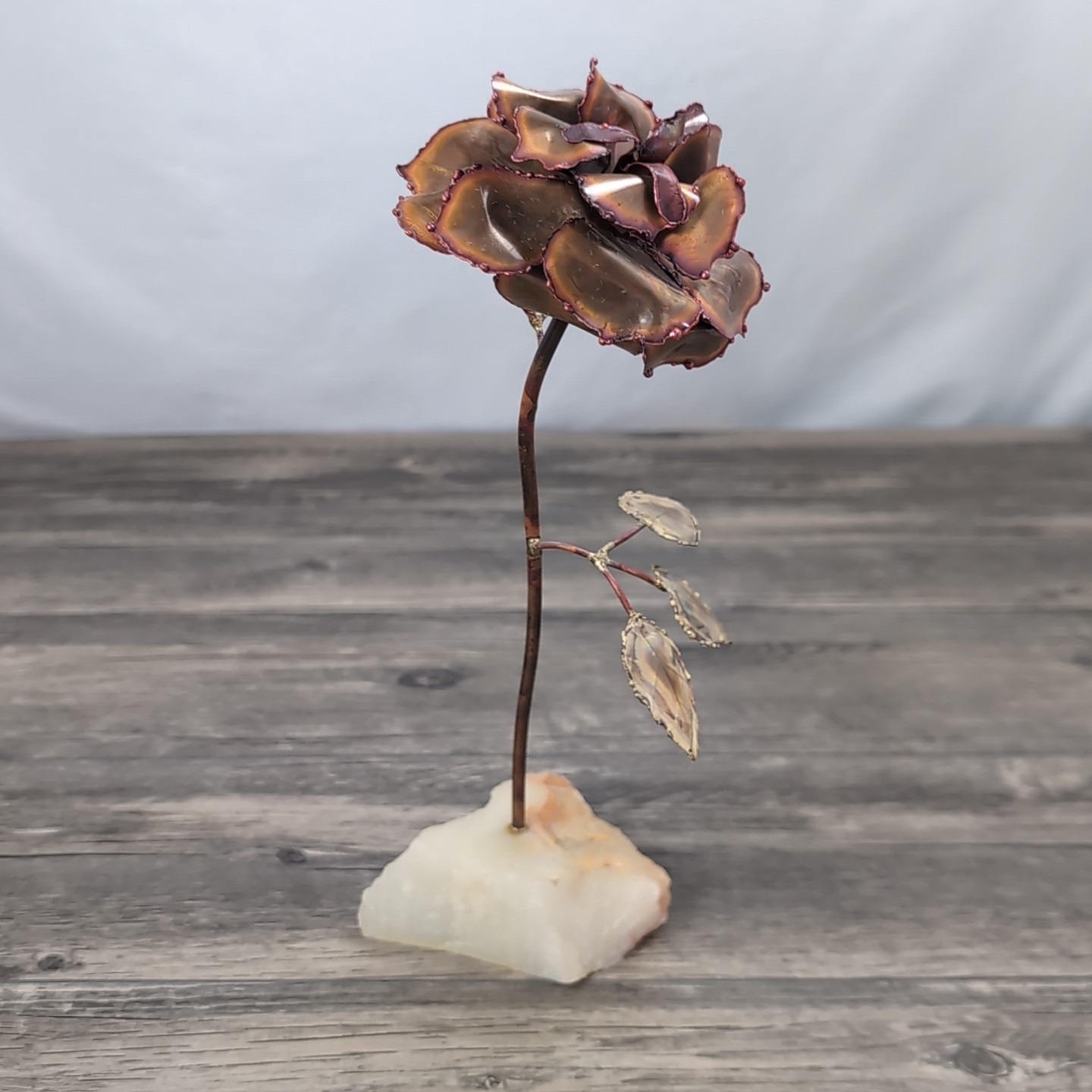 Vintage Tole Wild Rose Sculpture Rock Base Signed 1986 11.5in OOAK Decor