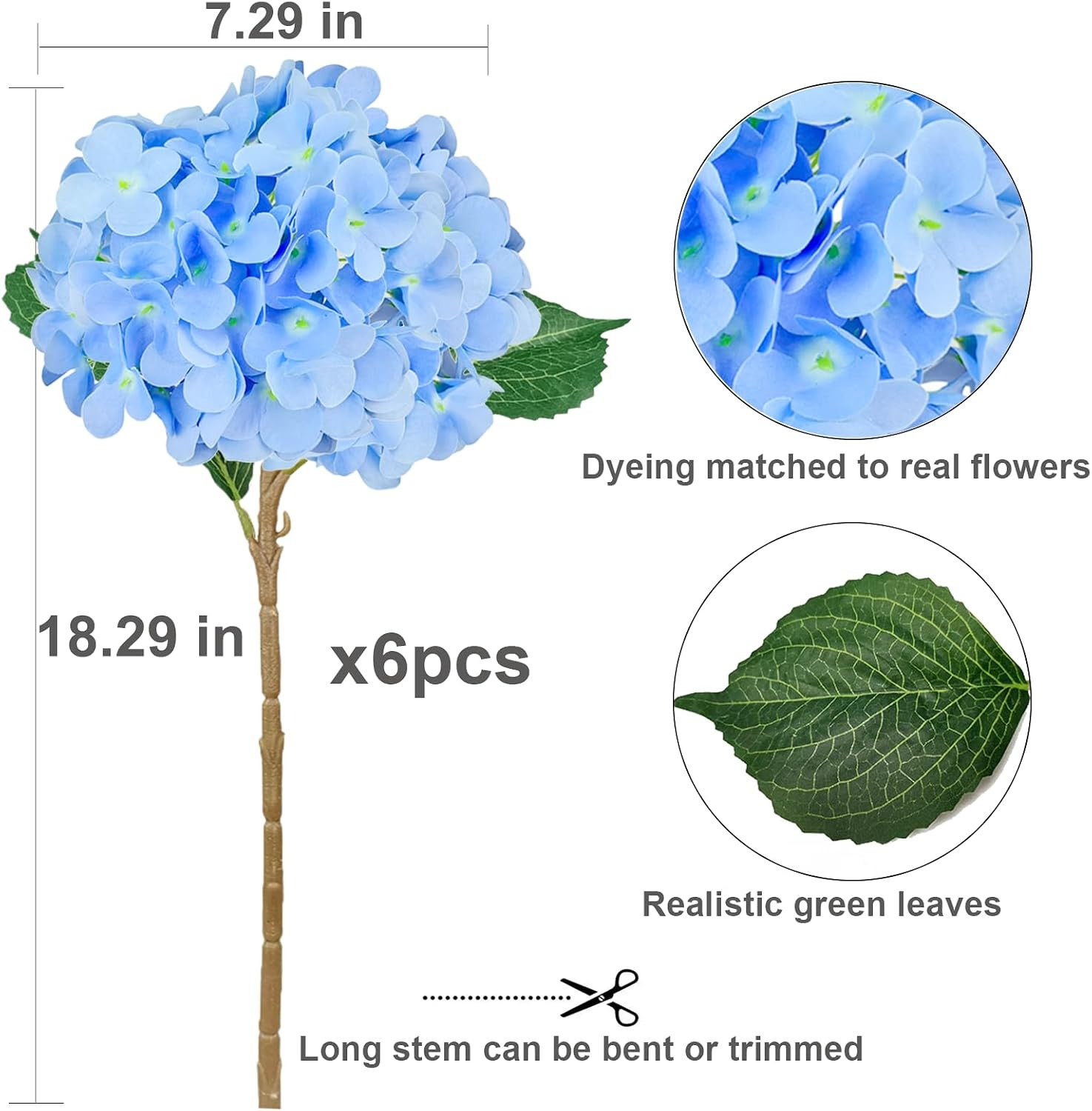 6PCS Blue Hydrangea Artificial Flowers, Bulk Silk Fake Flower with Stems, Fau…