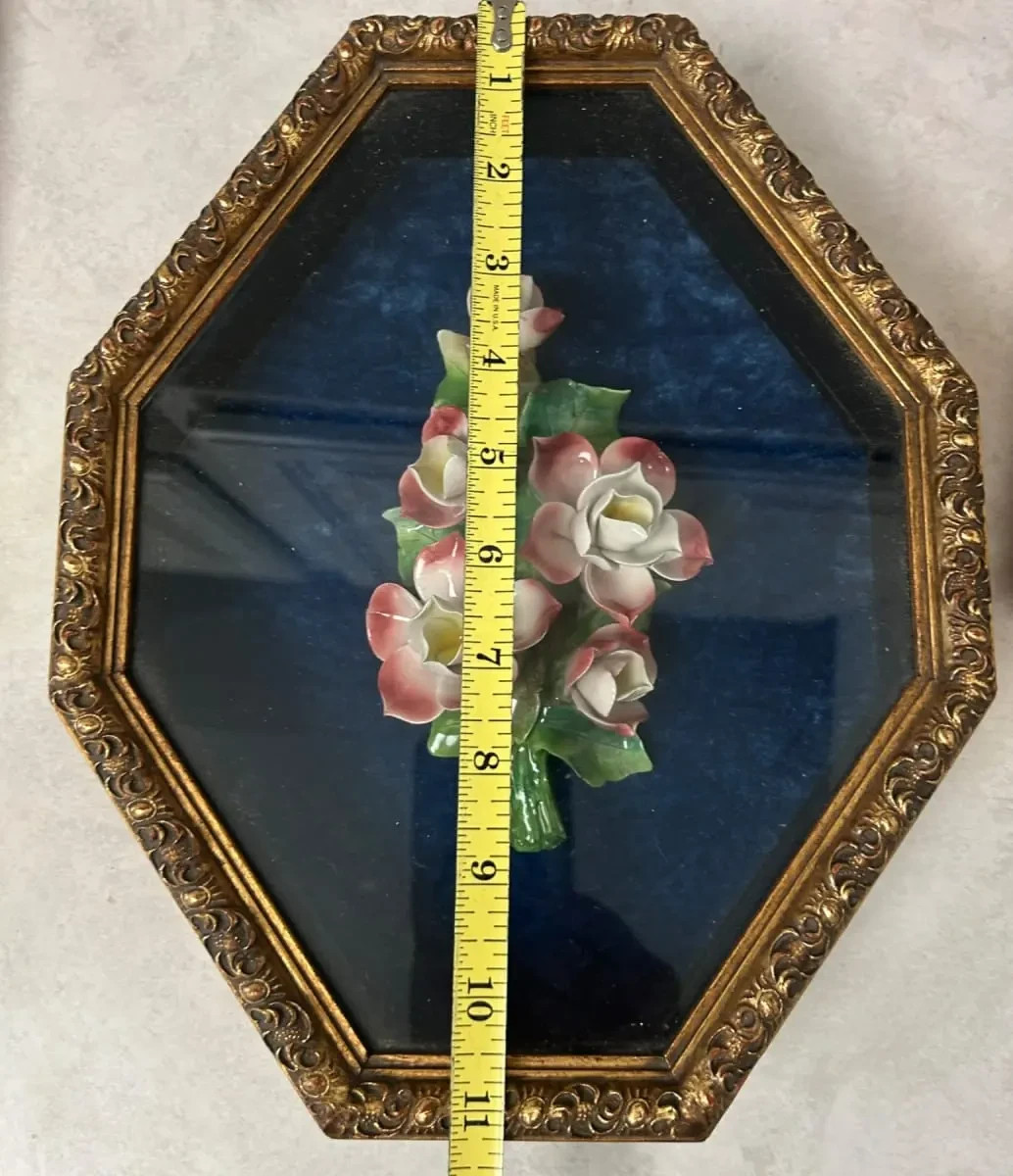 Vintage Octagonal Shadow Box 3D Porcelain Rose Bouquet Gold Ornate Frame