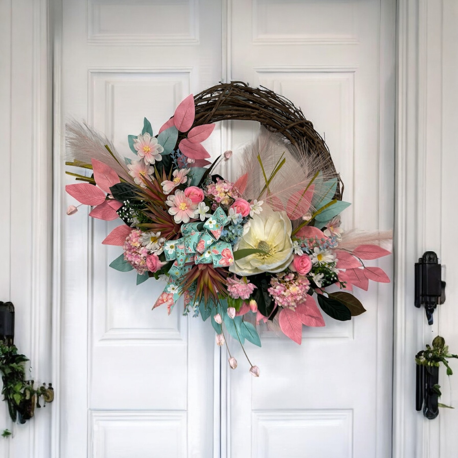 Summer Magnolia Wreath for Front Door, Pink Floral Grapevine Wreath, Cottage