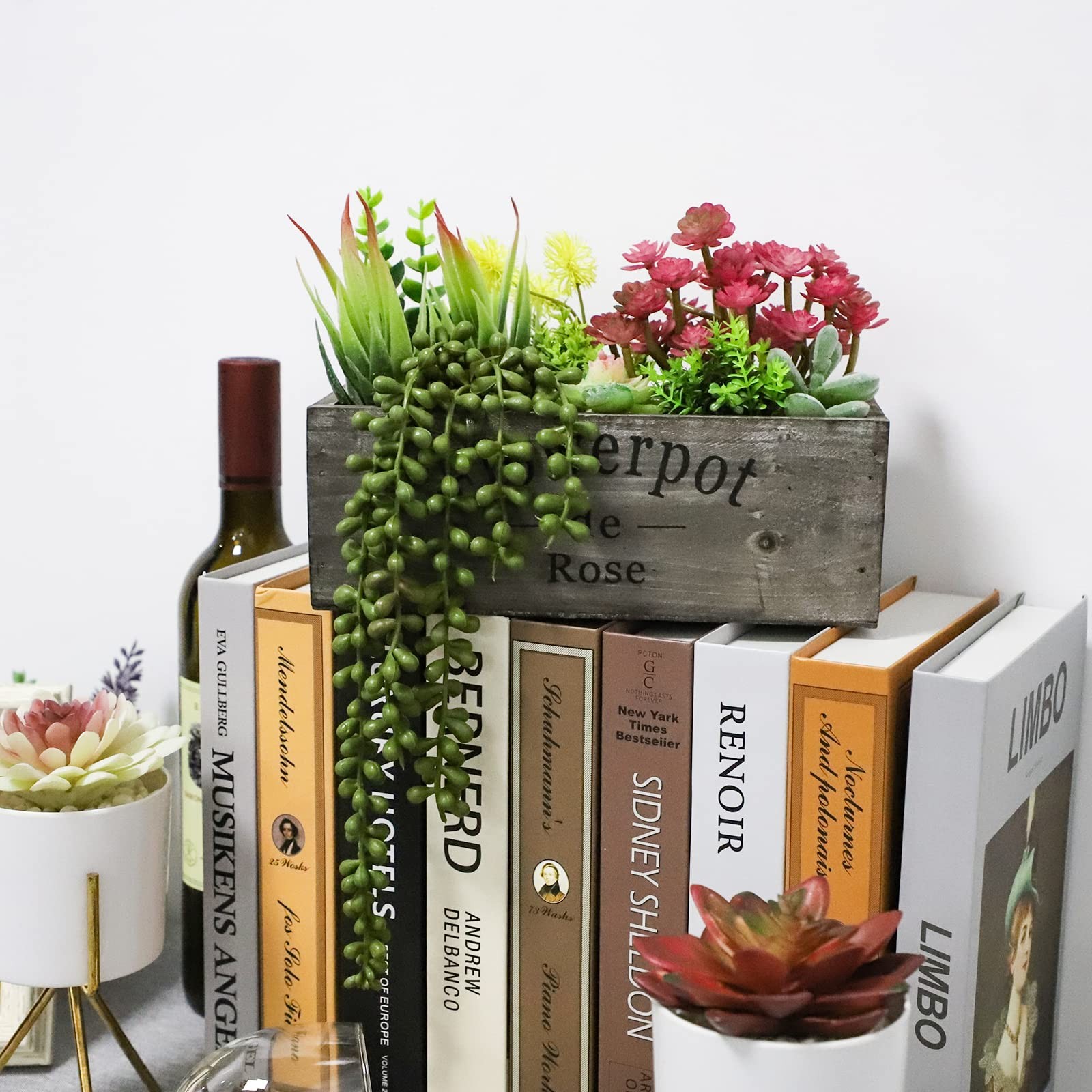 Artificial Succulent Arrangement Wooden Planter Fake Rustic Box Faux Pot Decor