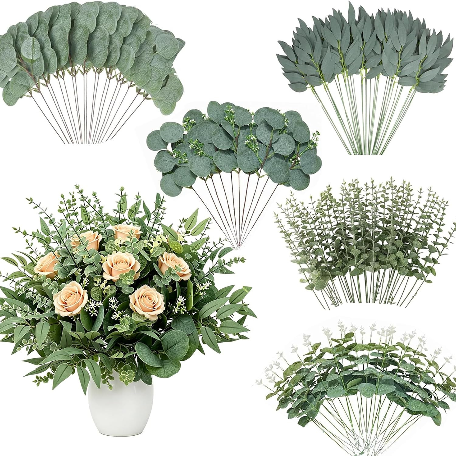 100 Pcs Artificial Mixed Eucalyptus Stems Leaves Bulk, 5 Kinds Fake Greenery Sil