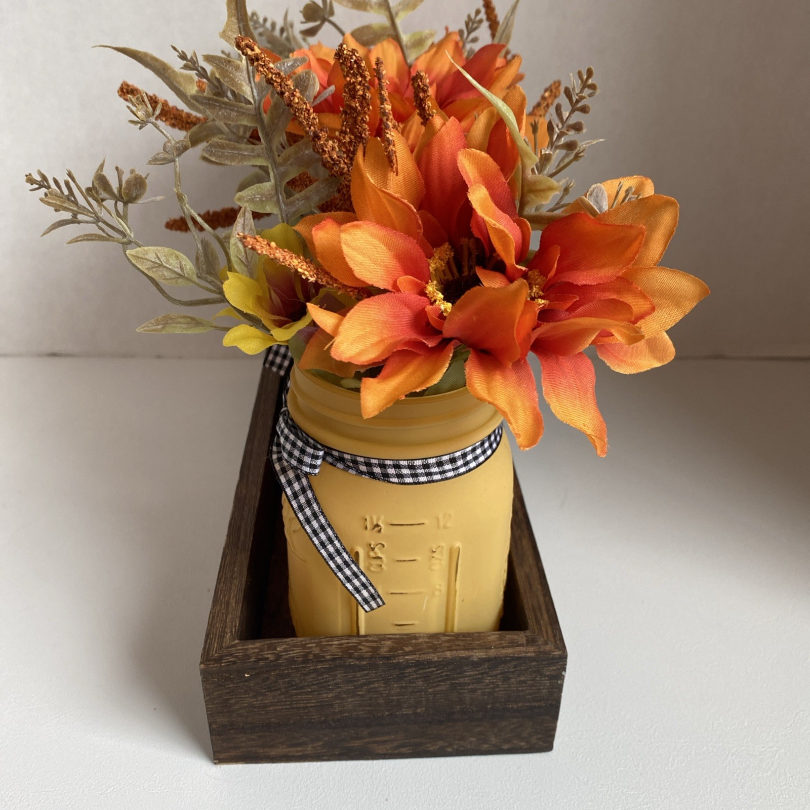 Painted Mason Jars Floral Decor In Tray Light Weight Fall Colors Checked Bows