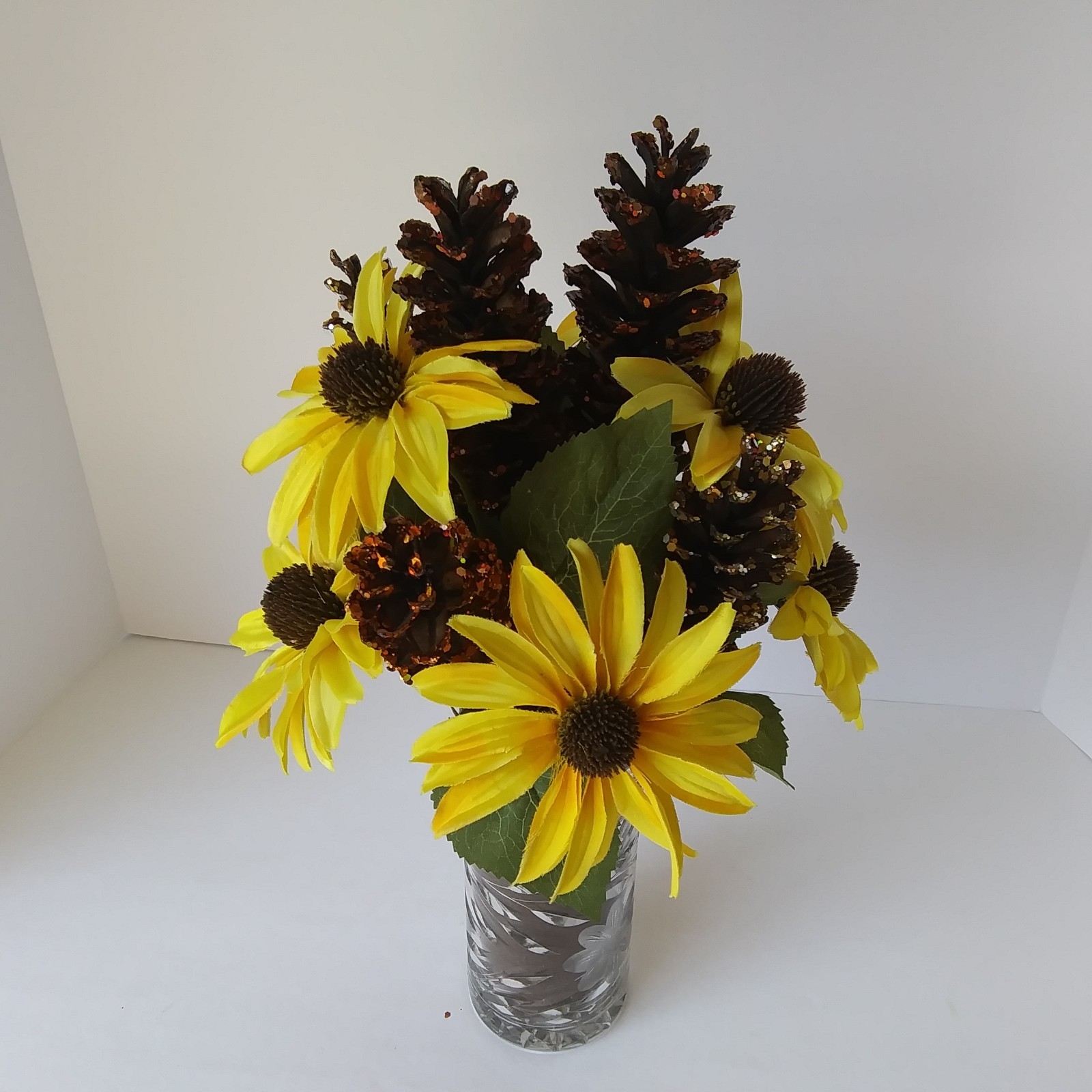 Artificial Yellow Sunflower & Pinecone Fall Arrangement in Cut Glass Vase Decor