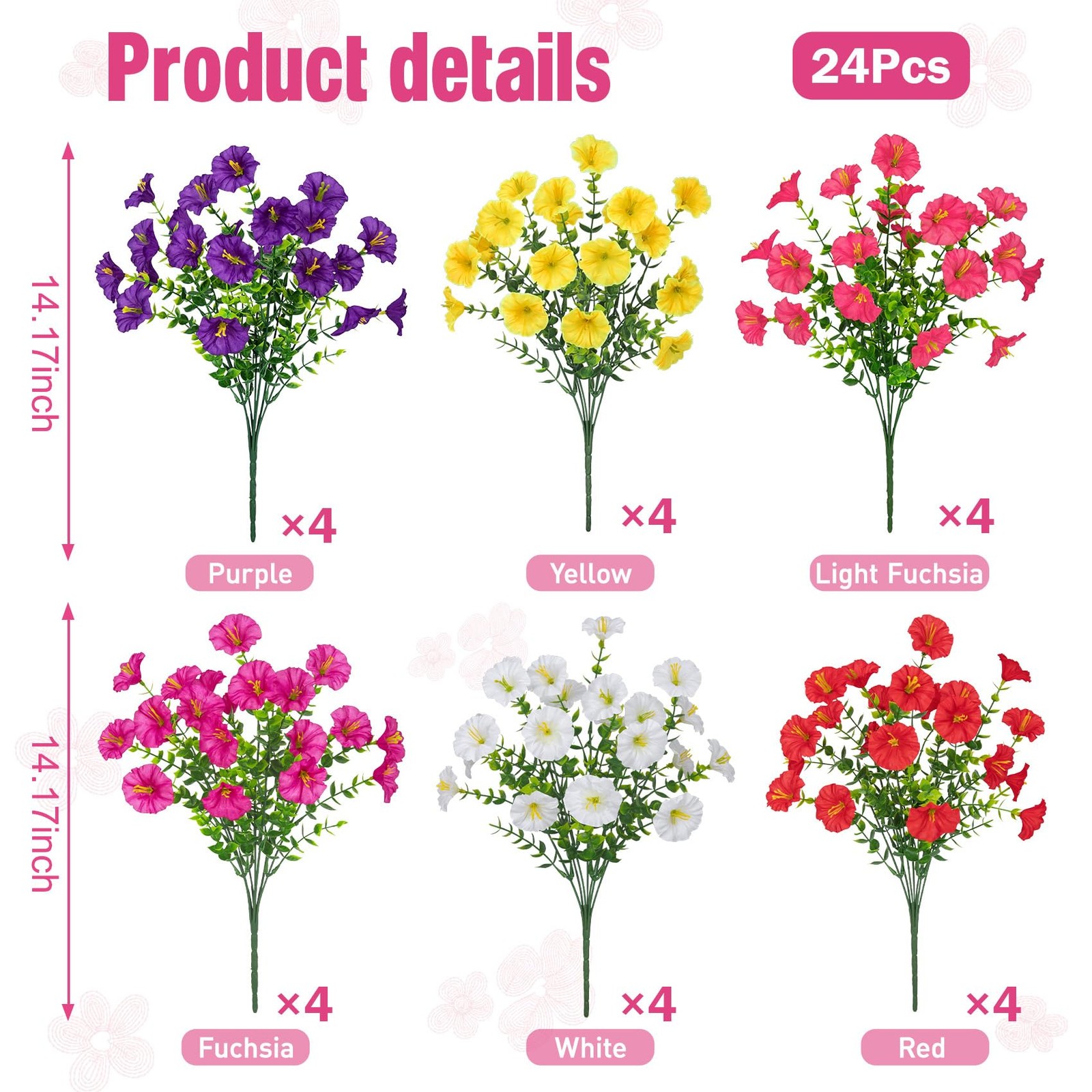 24 Bundles Artificial Flowers for Outdoors, Fake Silk Morning Glory Faux Euca…