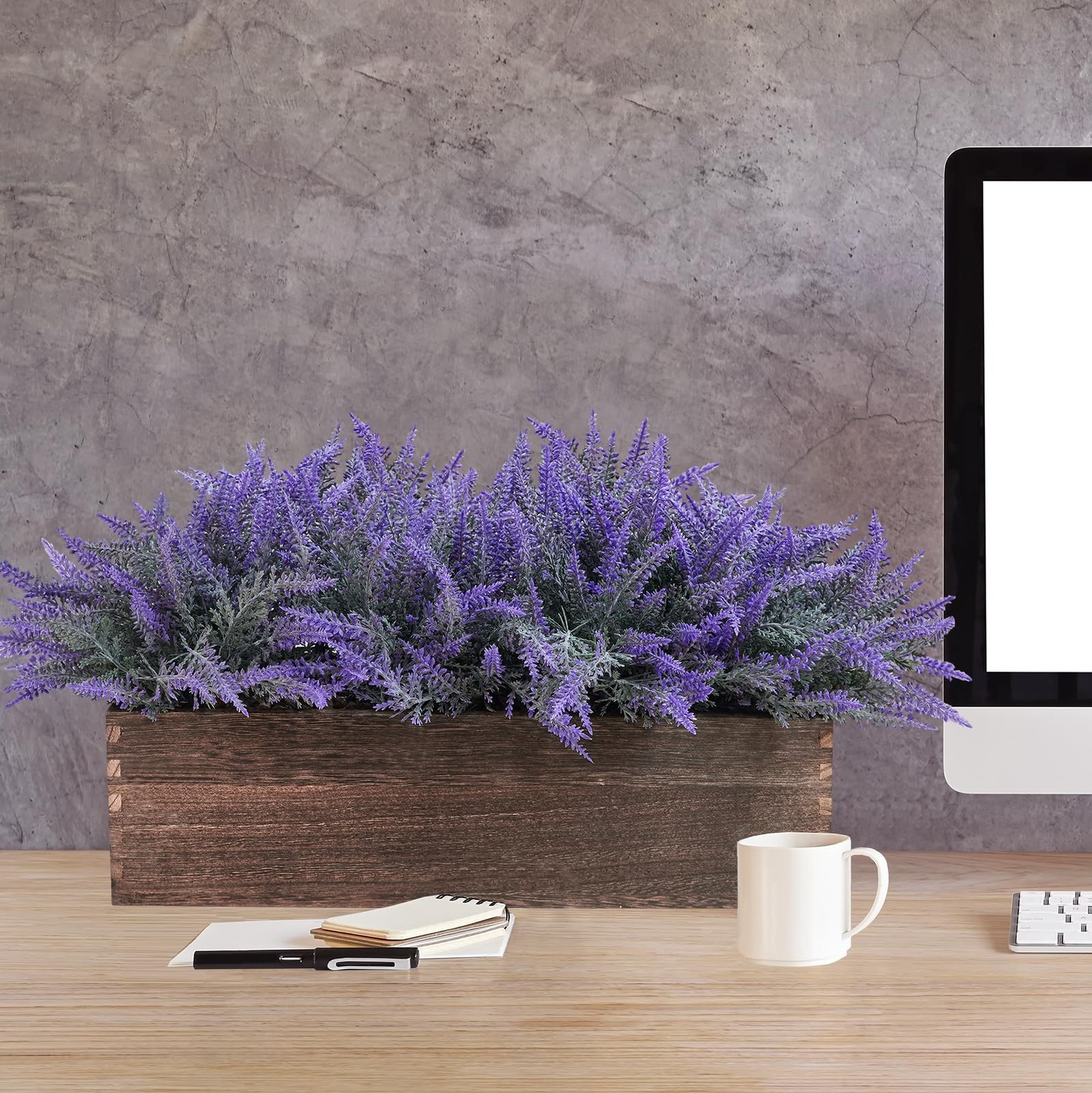 14″ Artificial Lavender Flowers Plants in Rectangular Wooden Planter Box Faux…