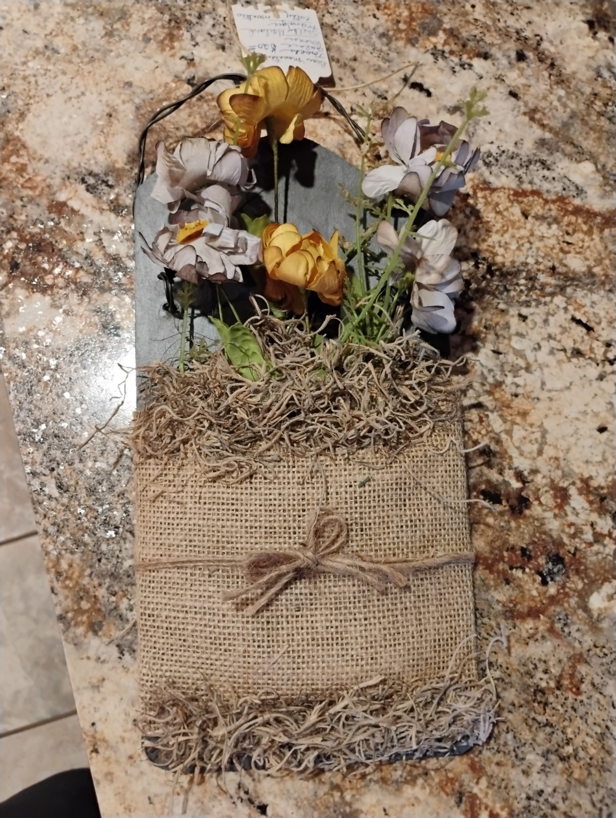 Handmade Artificial Wall Decor, Slate rockBurlap & flowers. Yellow Purple Green