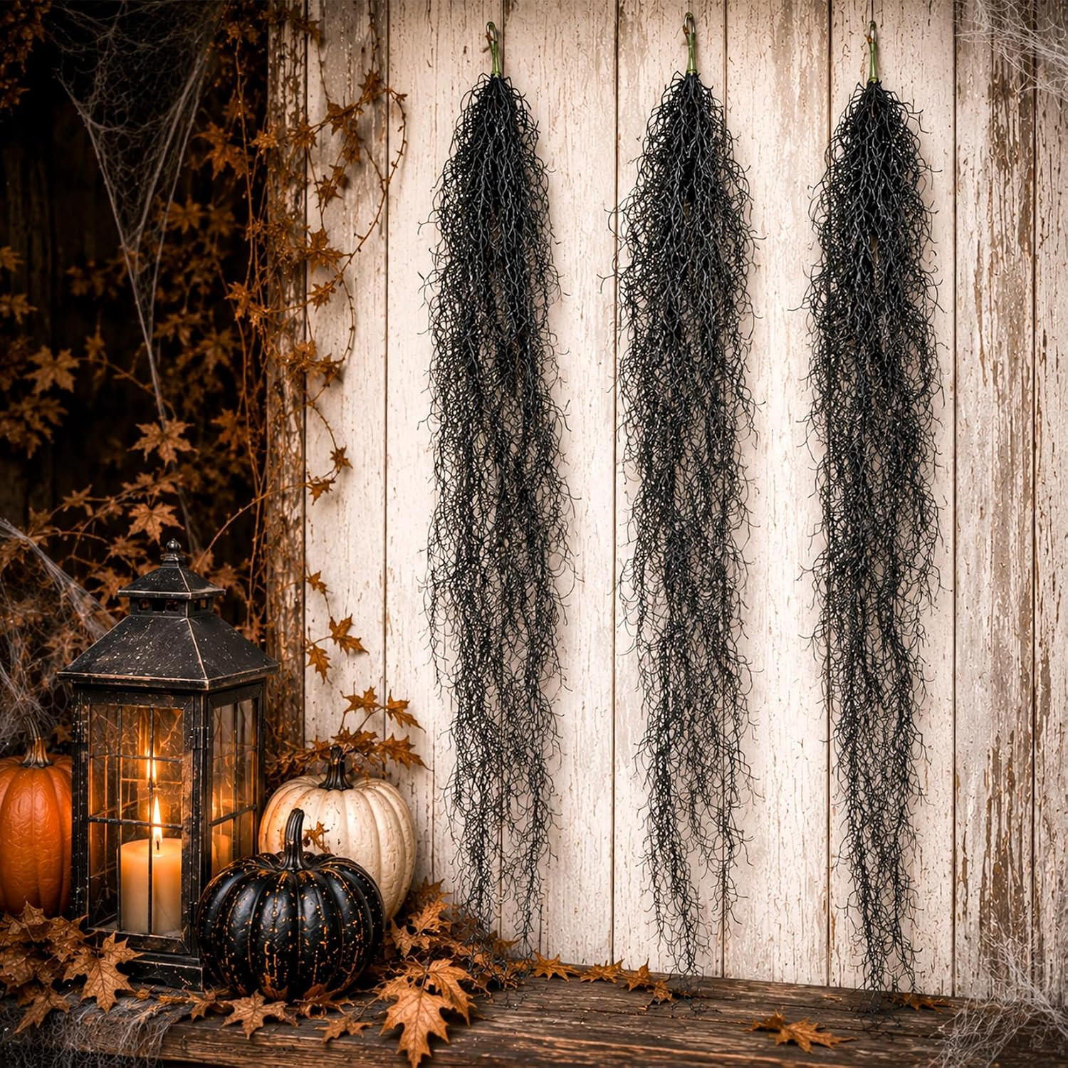 Fake Spanish Moss – 3 PCS Black Halloween Hanging Spanish Moss | 33 Inch Faux Gr