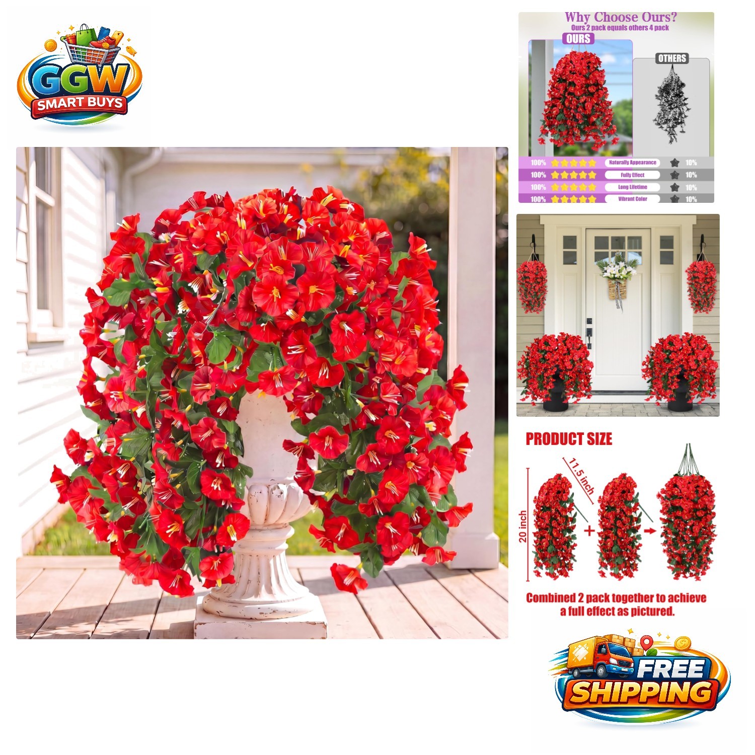 UV Resistant Realistic Hanging Flowers – 2PCS Silk Vines for Patios & Balconies