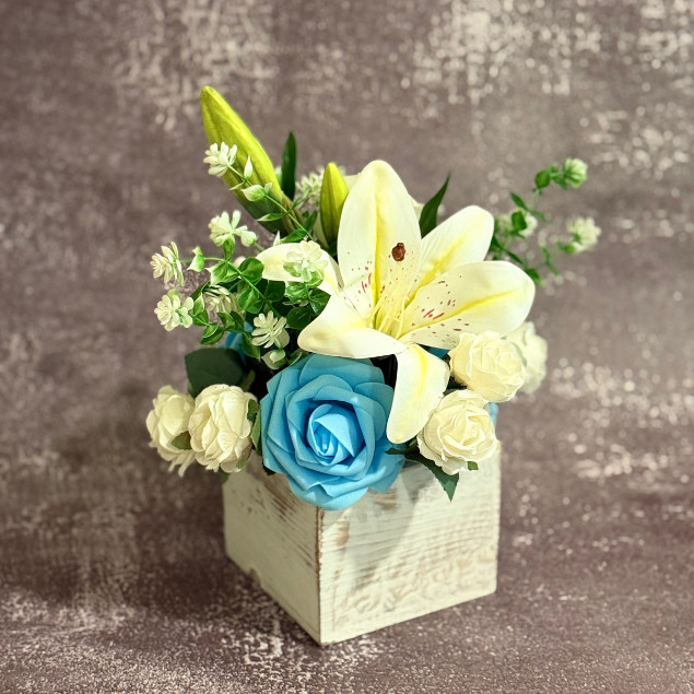 White Lily Blue Rose Centerpiece Faux Floral Arrangement Wooden Box Home Decor