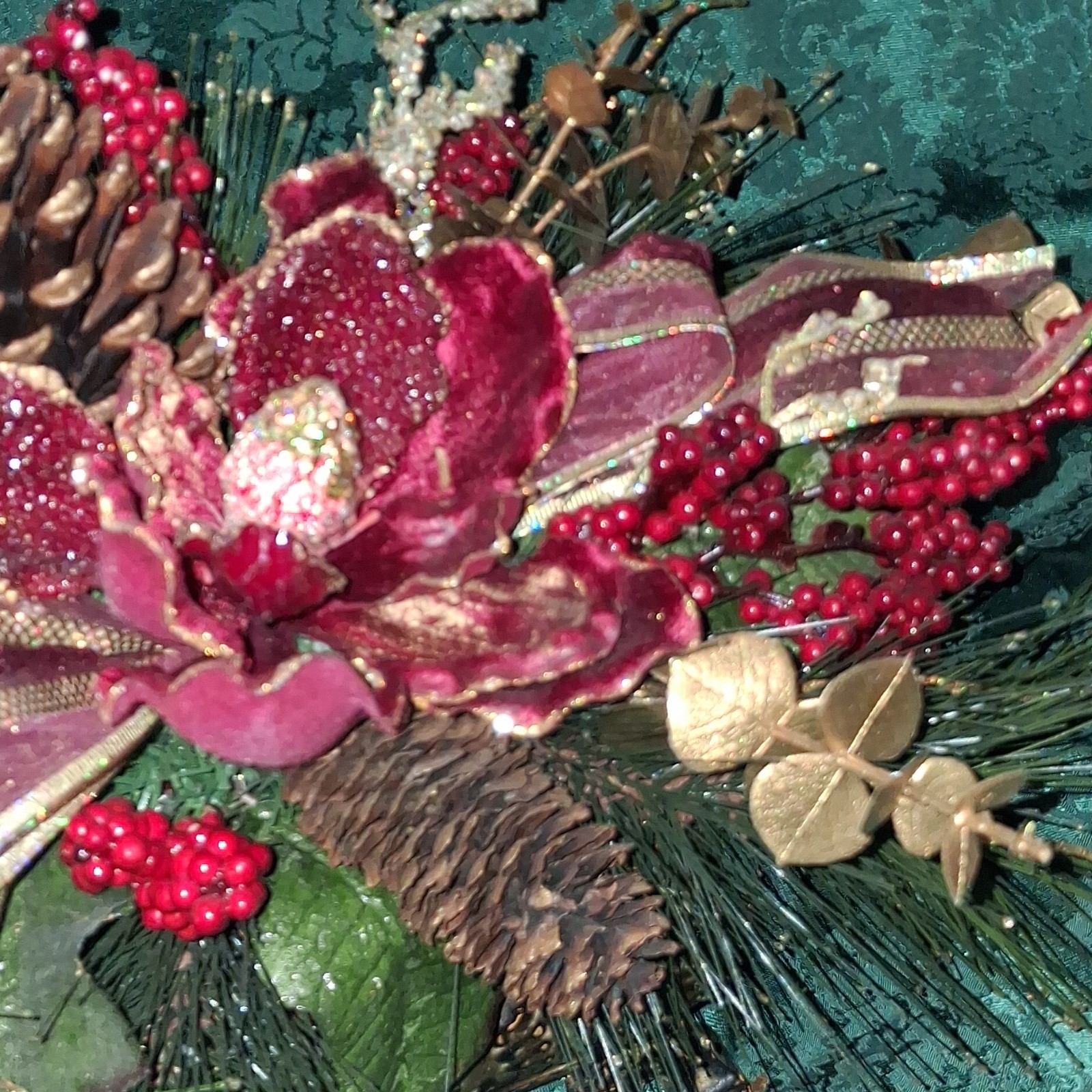 Artificial Christmas Centerpiece Arrangement with Pinecones, Berries, Ribbon
