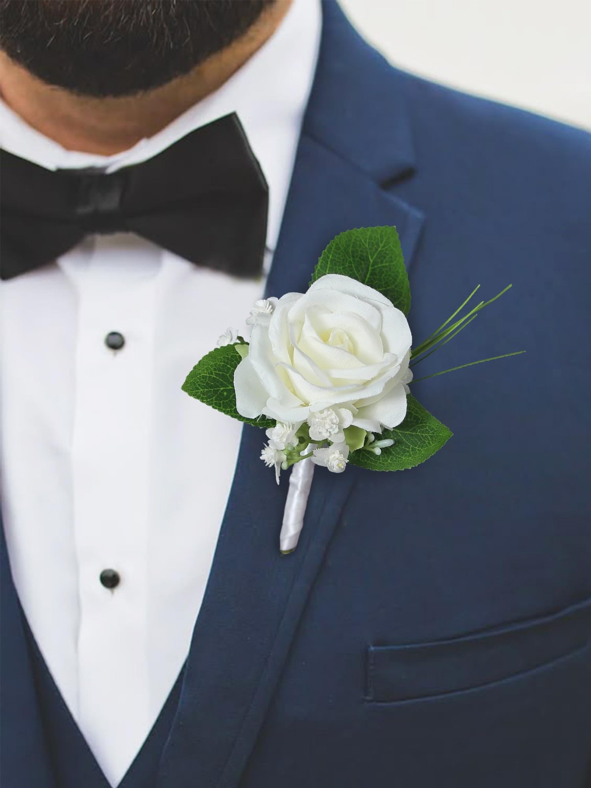 2Pcs White Rose Boutonnieres with Pins for Men, Groom, Groomsmen