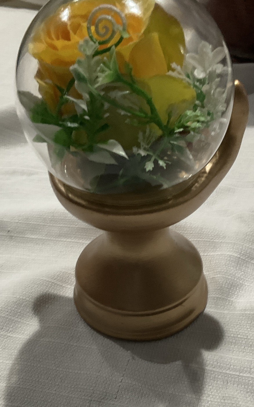 Artificial Yellow Rose Flower Arrangement in Glass Globe with Gold Hand Stand