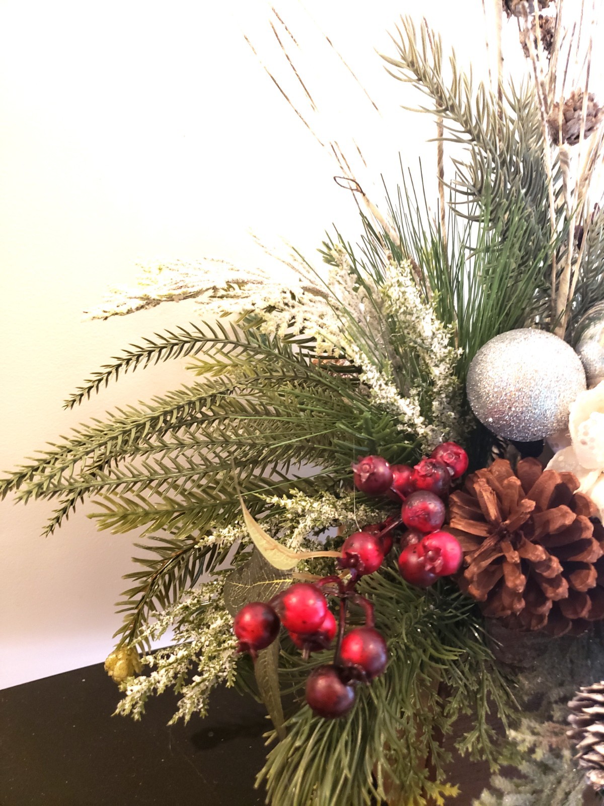 Cream Hydrangea Christmas Arrangement, Rustic Farmhouse Evergreen Decor