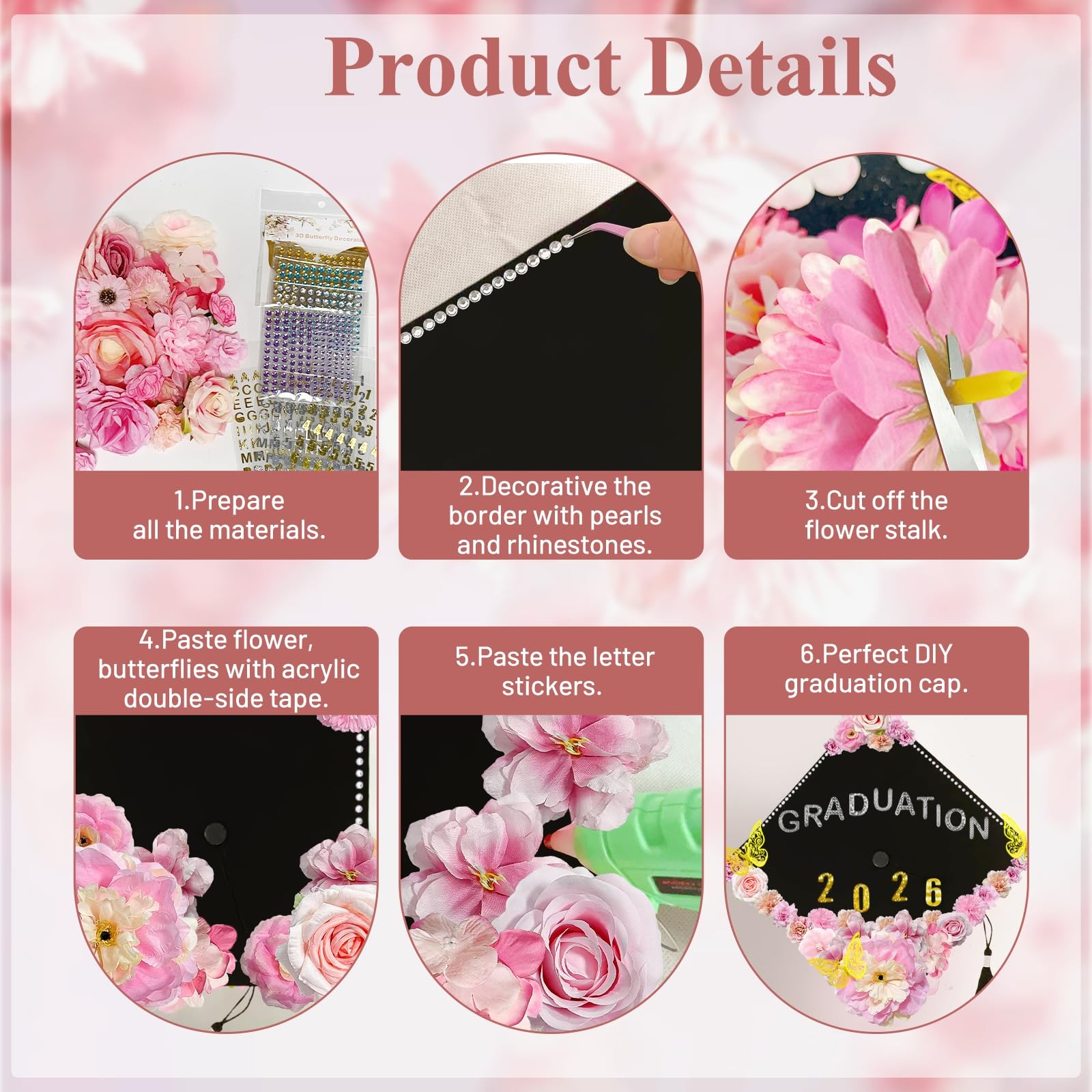 DIY Graduation Cap Decorating Kit with Flowers, Stickers, and Rhinestones
