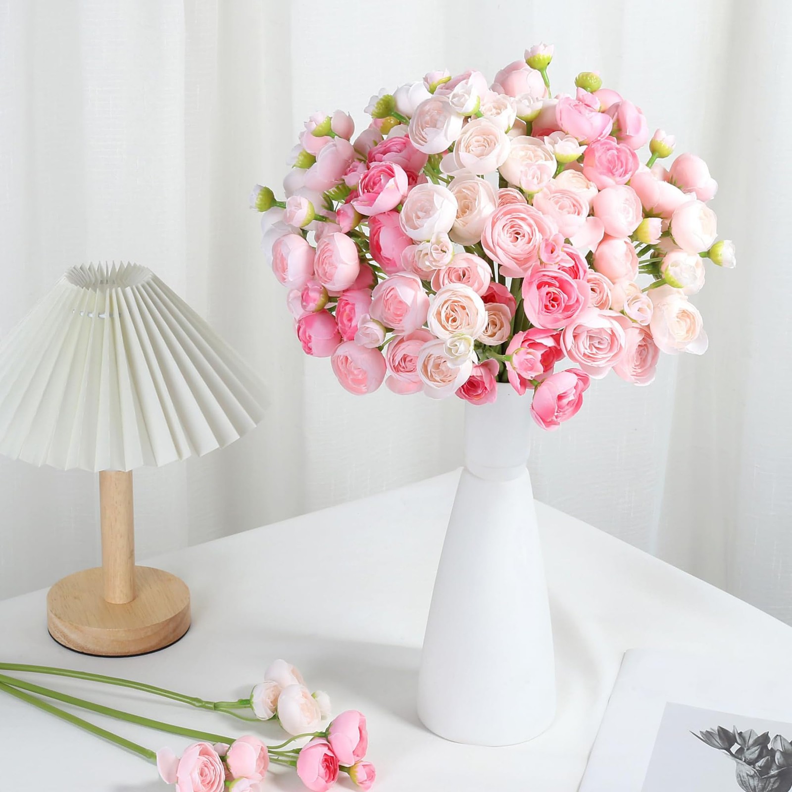 Ranunculus Artificial Flower Pink Faux Silk Mini Peony Flowers Fake Peonies W…