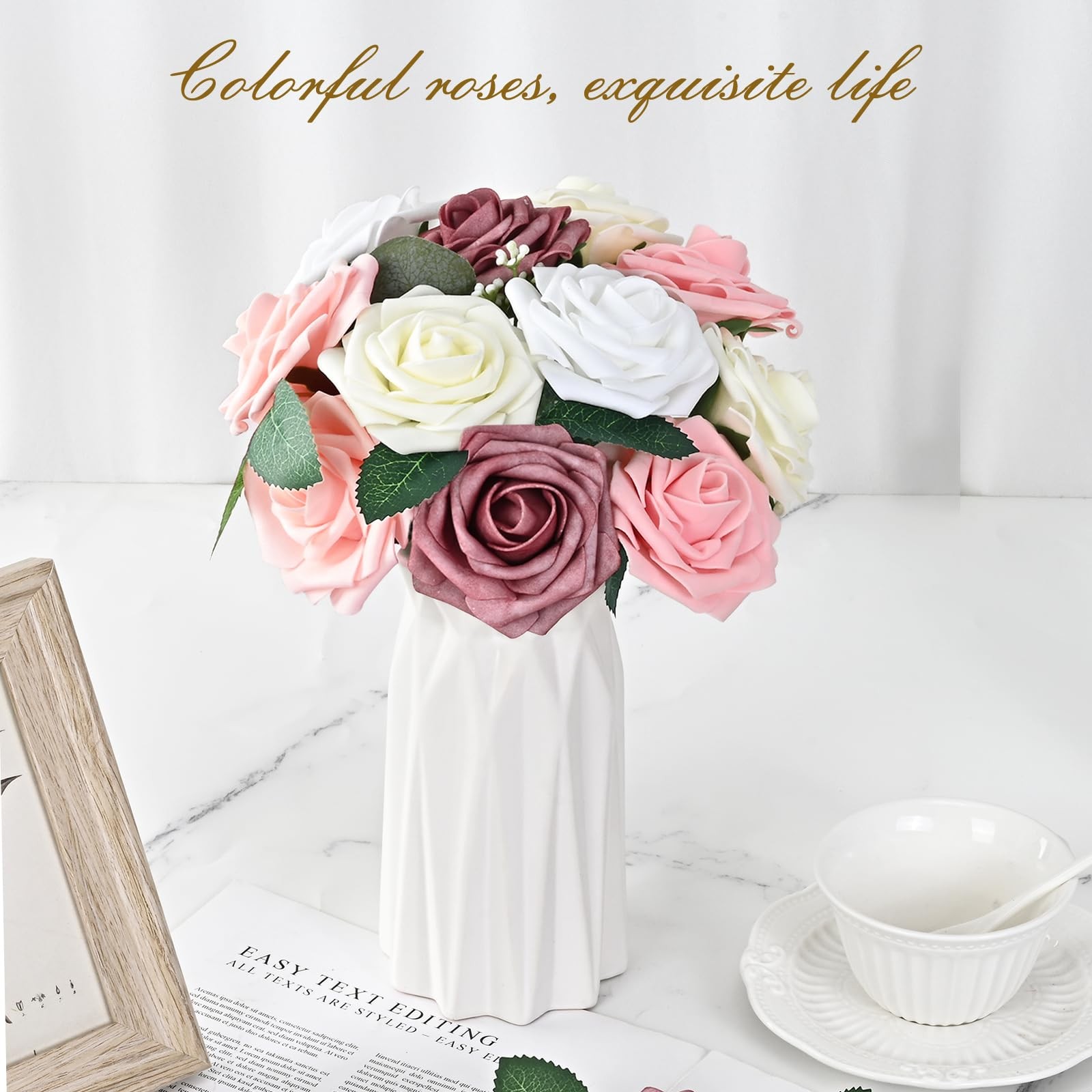 BLEUM CADE 36Pcs Artificial Flowers Fake Roses with Stems, Gradient Dusty Rose
