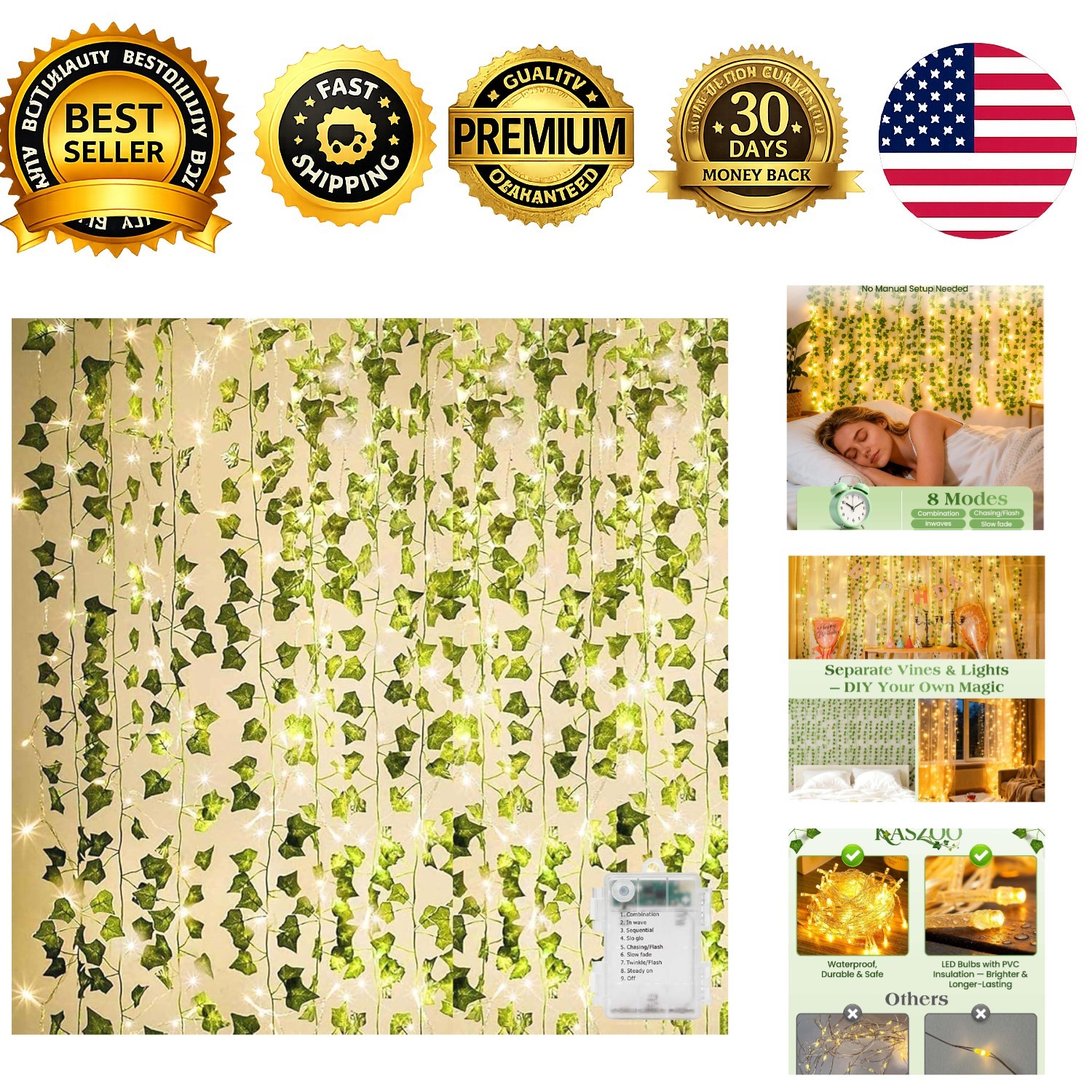 Artificial Ivy Garland 12 Pack 84Ft Fake Plants Hanging Vine with 80 LED Lights
