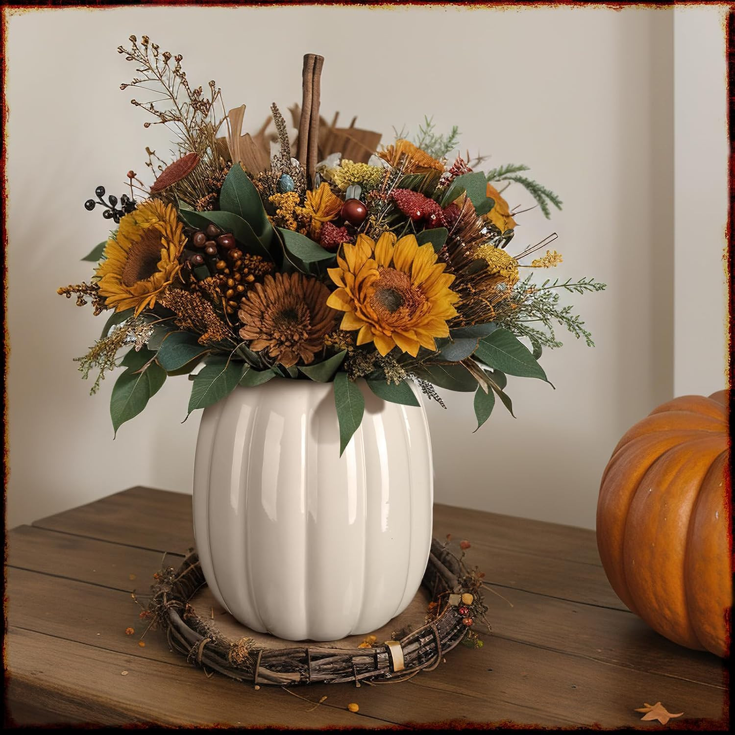 Beeveer 6.7 Inch Ceramic Pumpkin Vase Large Artificial Fake White Pumpkin Flower
