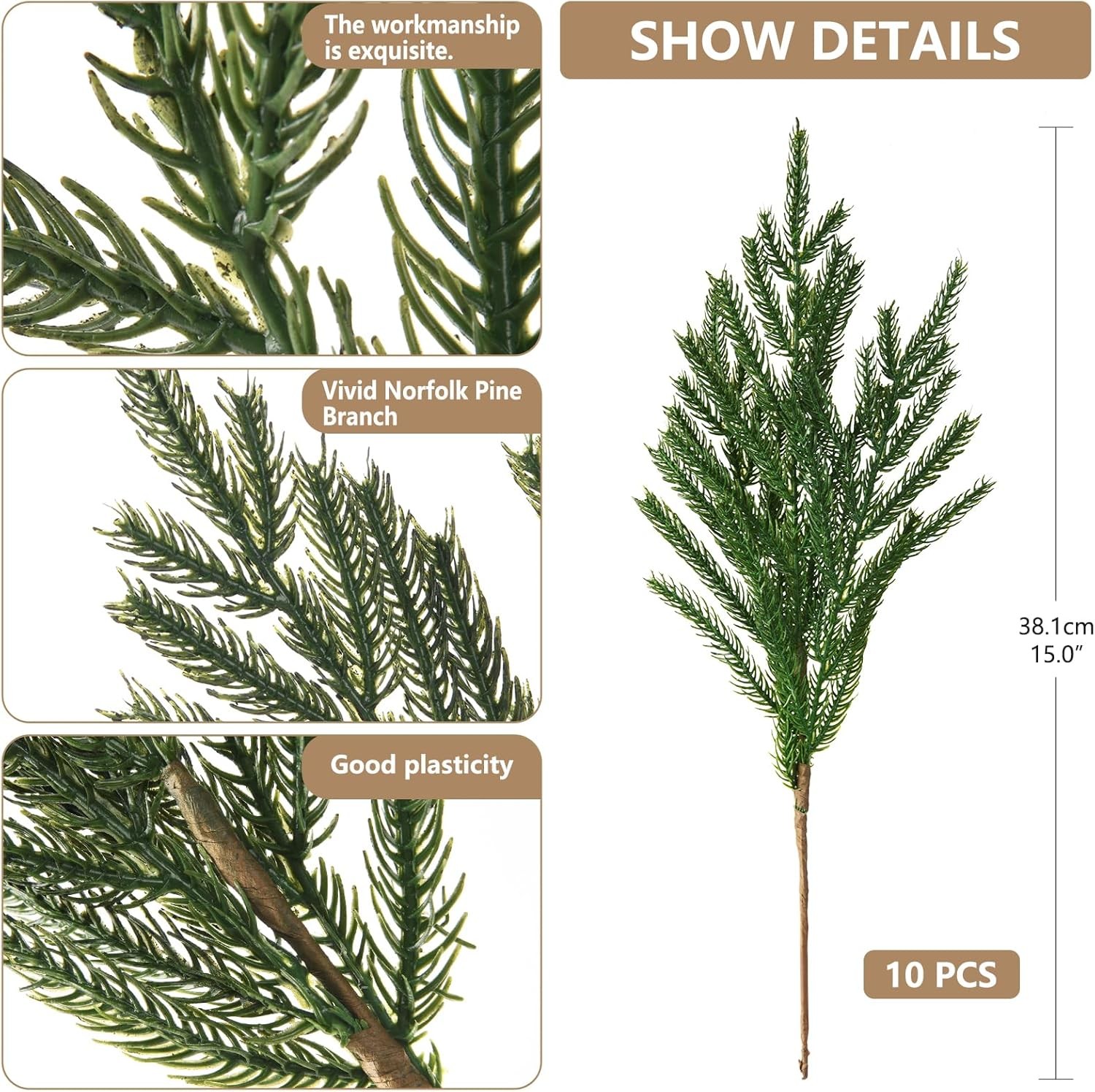 10PCS Christmas Norfolk Pine Stems, Real Touch 15 Inch Artificial Green