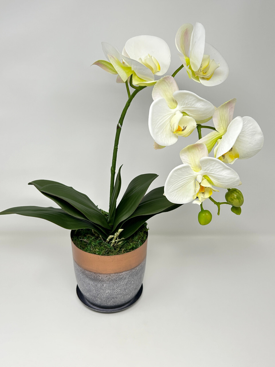 17″ Lg WHITE Phalaenopsis ORCHID silk flower plant, 5″ Copper Metal Planter