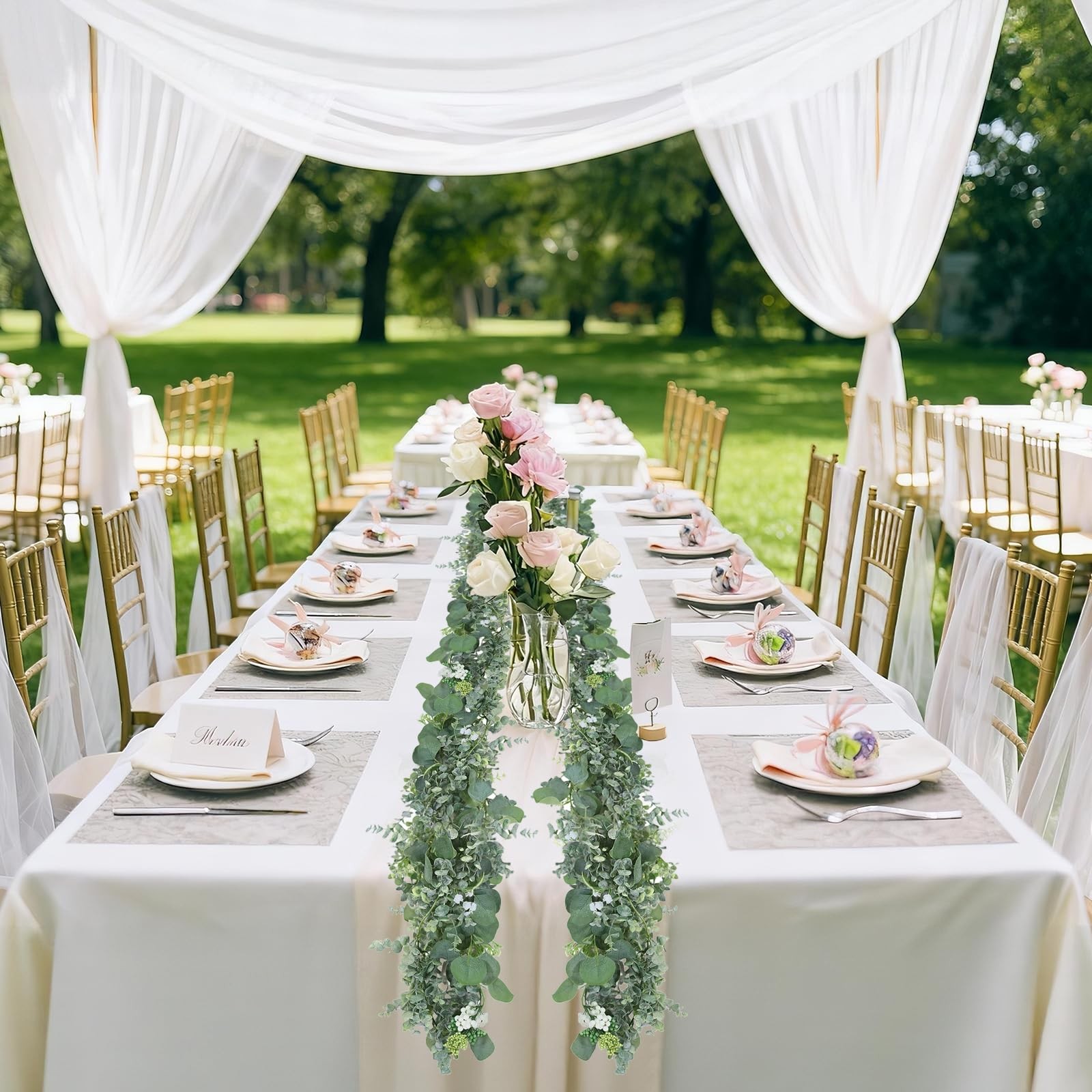 Eucalyptus Garland for Table, 6ft Faux Eucalyptus Garland with White Flowers …