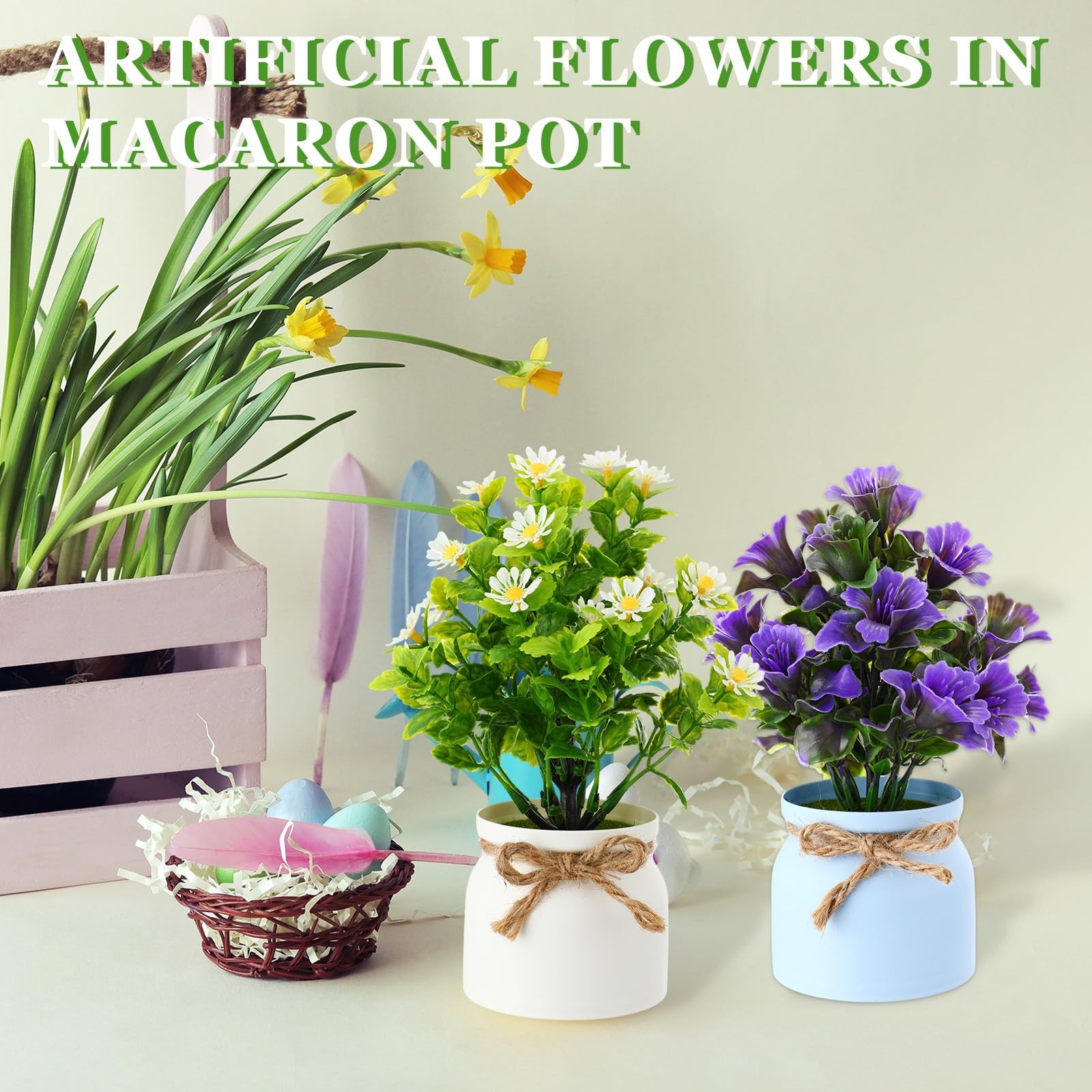 8 Pcs Artificial Potted Flowers 3×8 Inch Faux Small Plants Macaron Pot