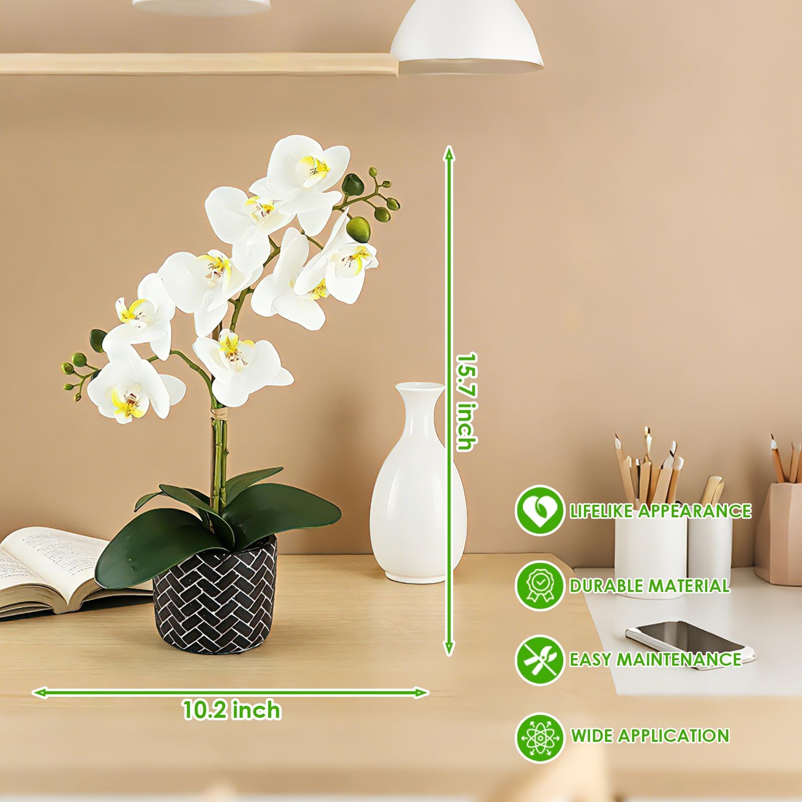 Orchid Artificial Flowers 16″ White Fake Orchid Flowers in Gray Ceramic Pot F…