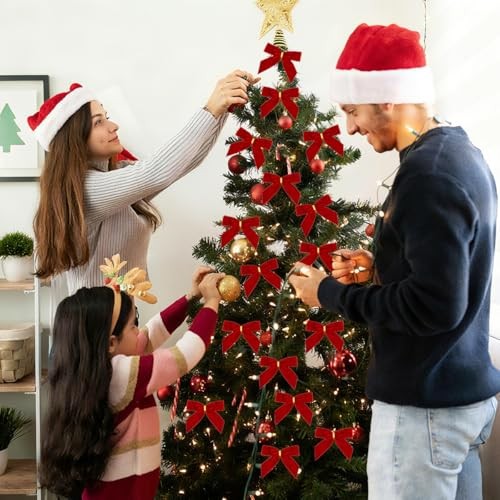28PCS Velvet Bows for Christmas Tree,Velvet Ribbon Bows Christmas Ornaments Red
