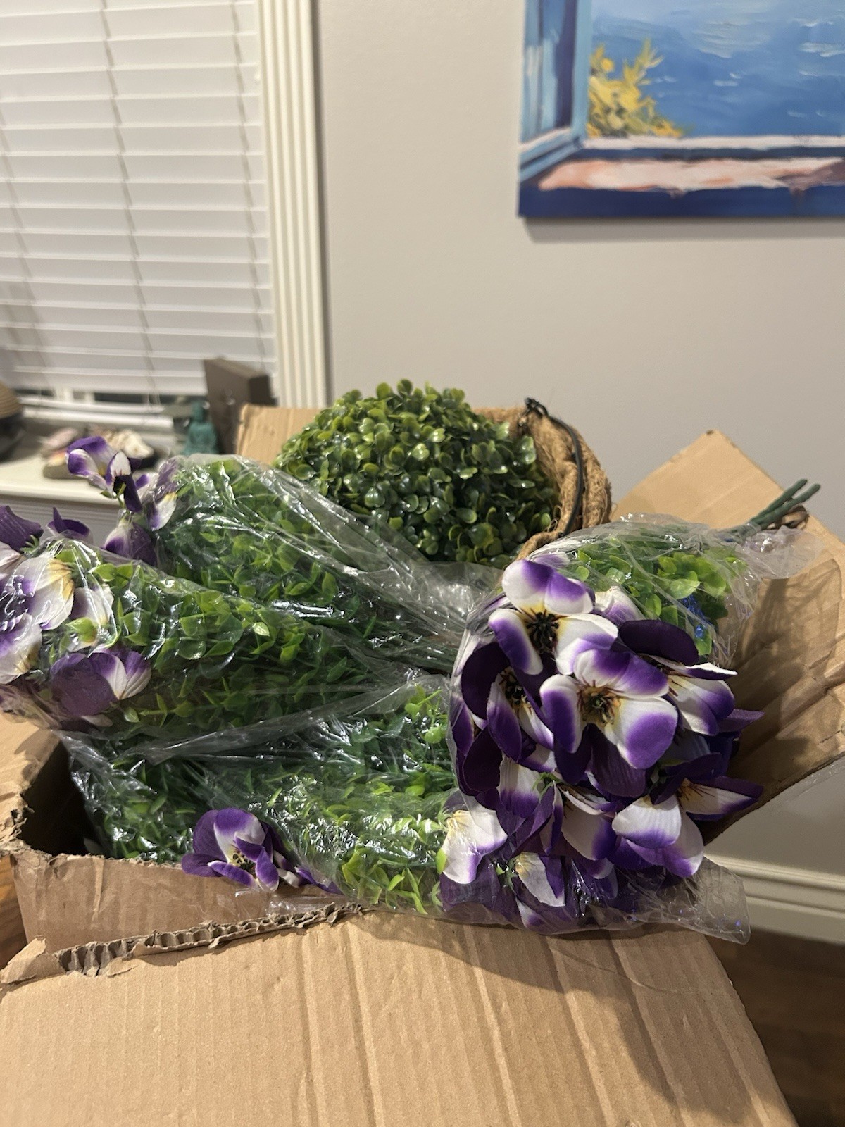Purple & White Artificial Hanging Plant Basket with UV-Resistant Flowers