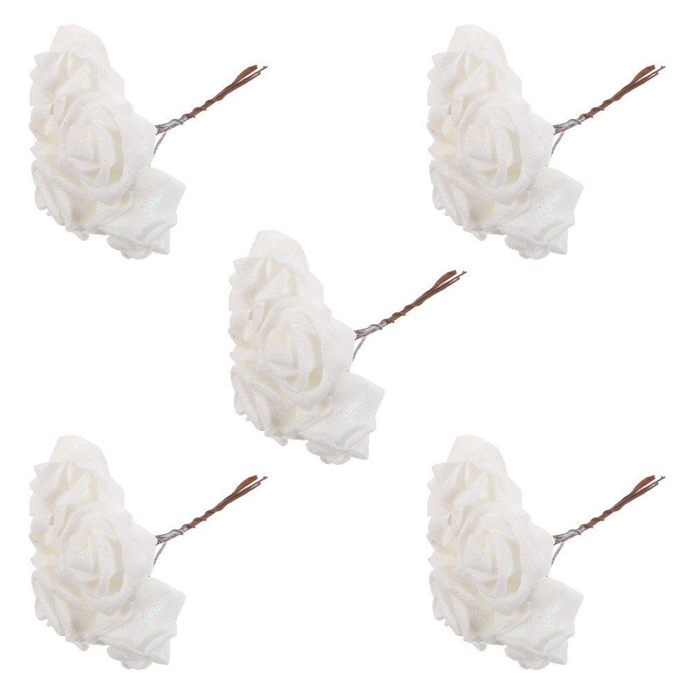 25 PCS Glitter White Rose Fake Flower Artificial Flowers Roses Bouquet Kit