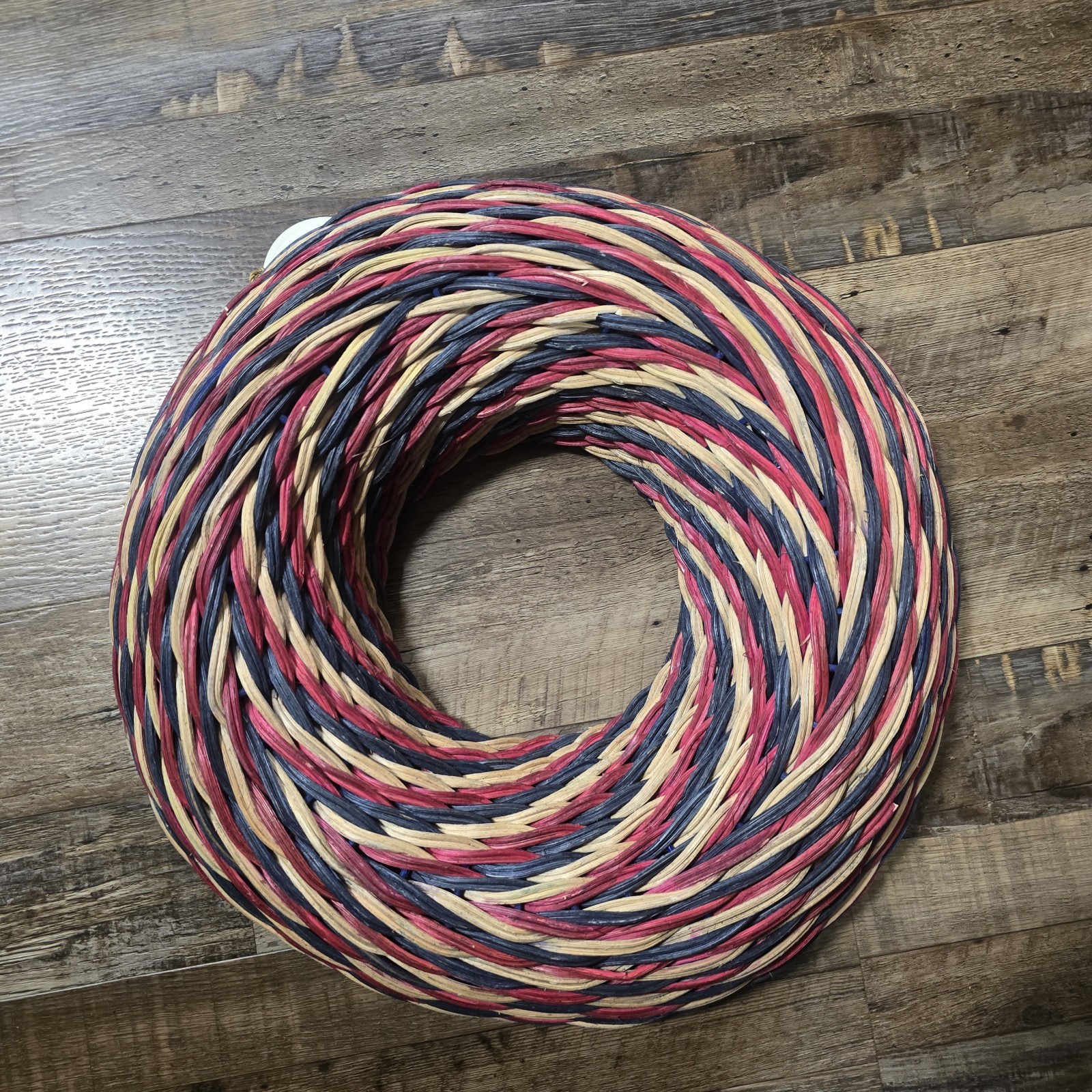 New Threshold Round Handcrafted Rattan Wreath Floral Decor 16″ Red Blue Tan