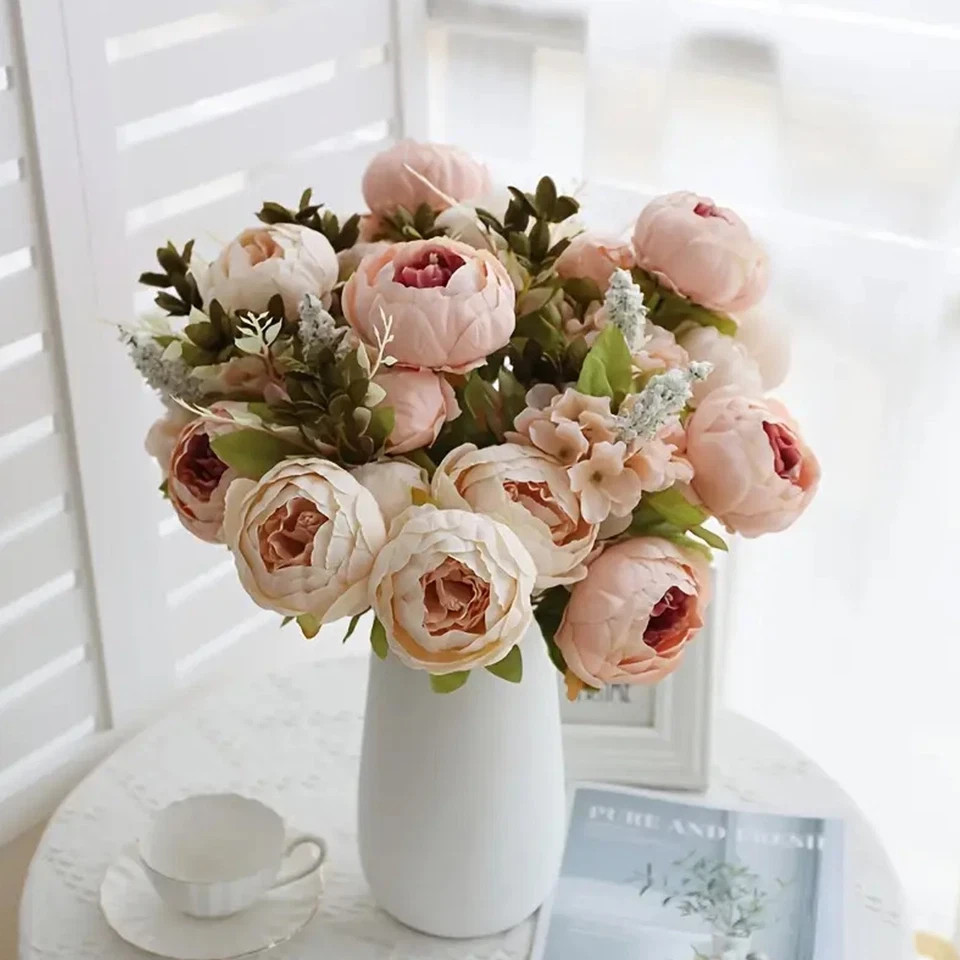 A bouquet of European-style faux peony silk flowers for home deco