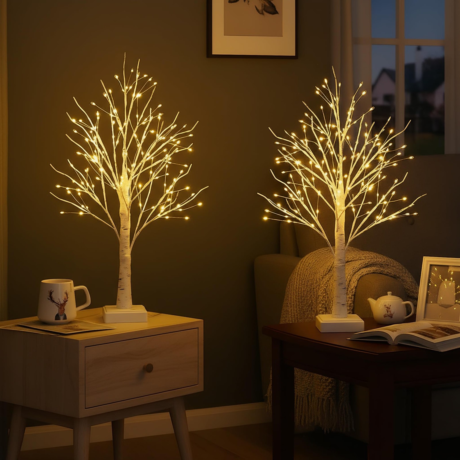 2ft Lighted Birch Tree with 144 Warm White LEDs 2 Pack Small White Christmas…