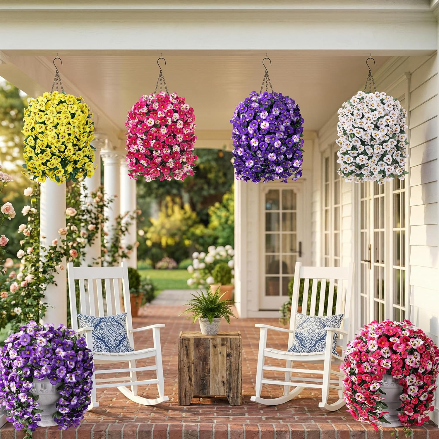 4Pcs Artificial Flowers for Outdoors Fake Pansy with Hanging Basket UV Resistant