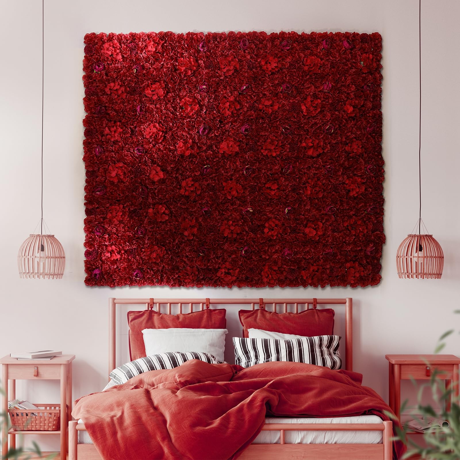 Artificial Silk Rose Flower Wall Panels 12 Pcs Maroon 16.5×16.5 Inch Backdrop