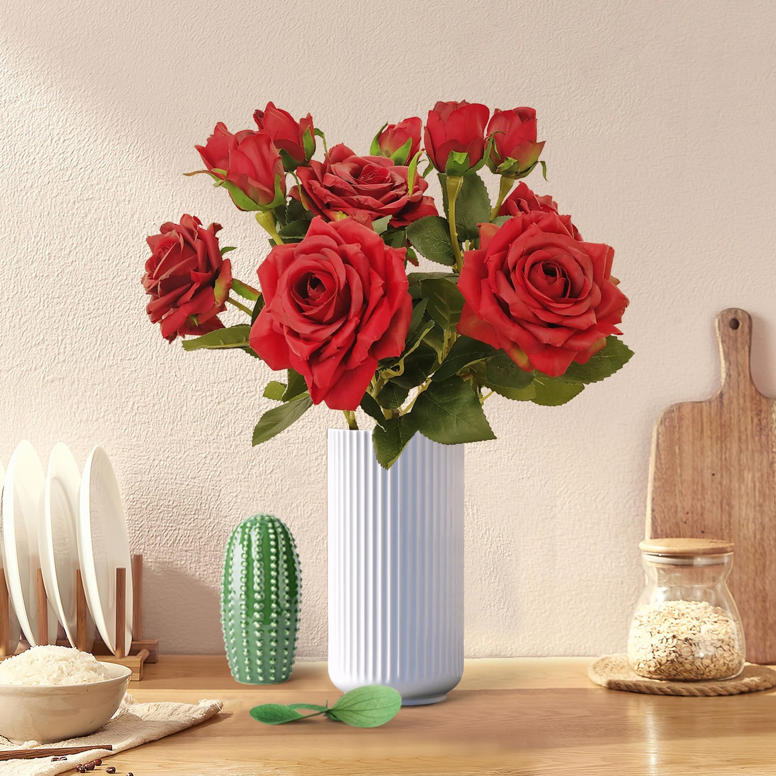 6 PCS Fake Red Roses Faux Silk Real Touch Artificial Floral Centerpiece