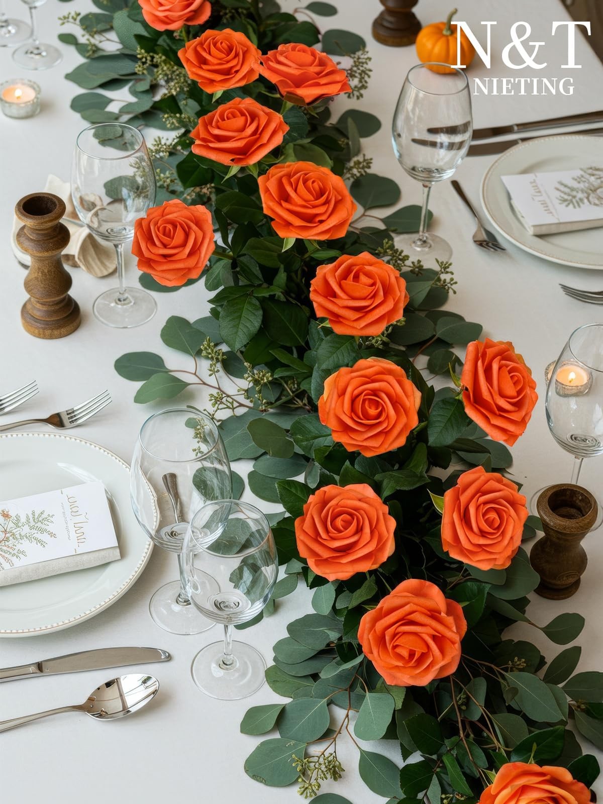 25 PCS Artificial Fall Orange Roses Flowers Wedding Bouquet Centerpiece Decor