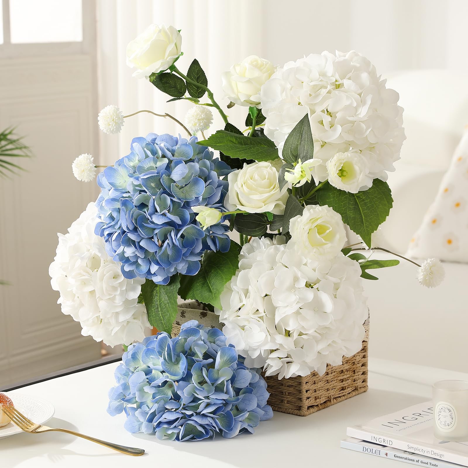 Blue Hydrangea Artificial Flowers – 3Pcs 22.44In Large Faux Hydrangea Flowers…