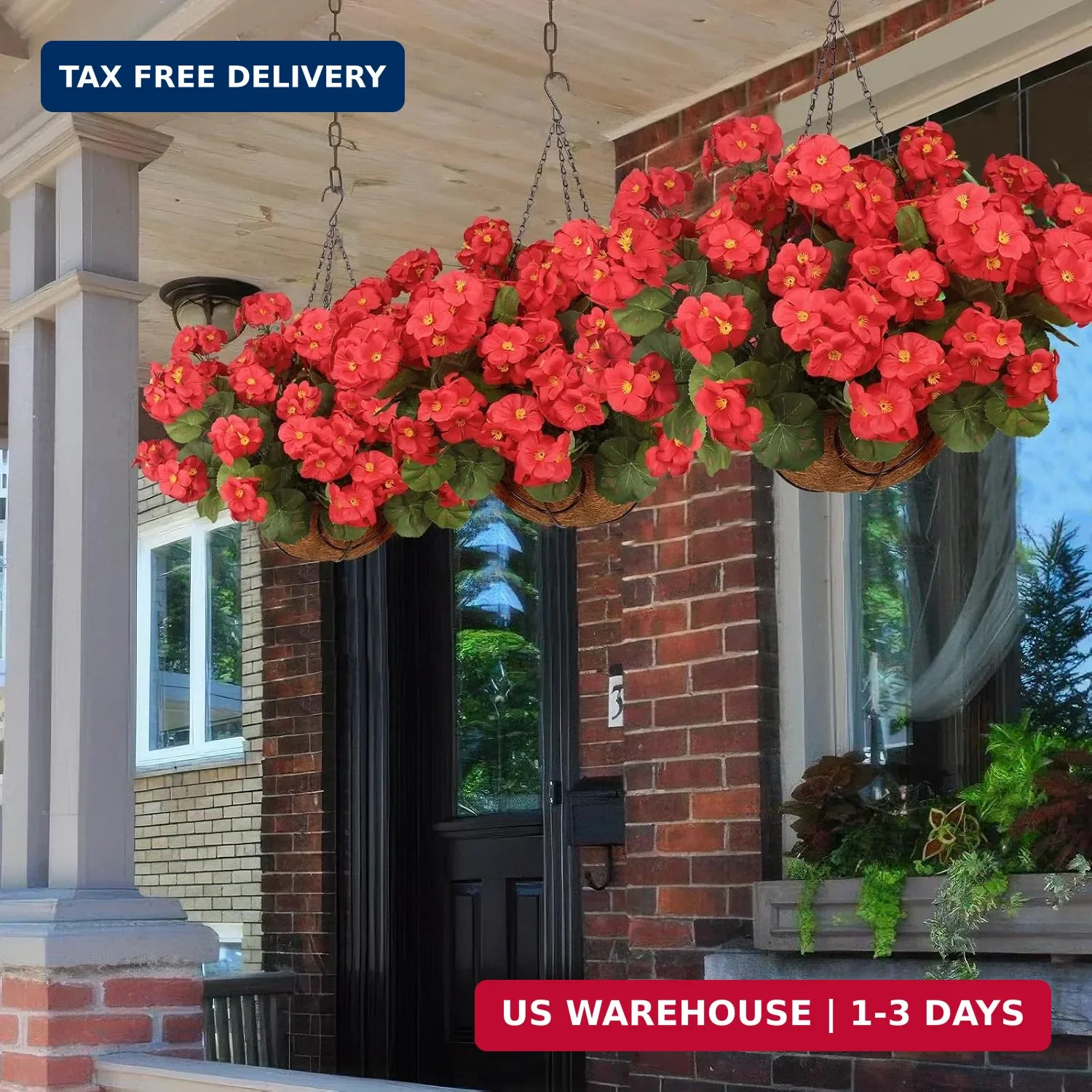 Artificial Flowers for Outdoors with Hanging Basket 12 Pcs Silk Red Geraniums Ar