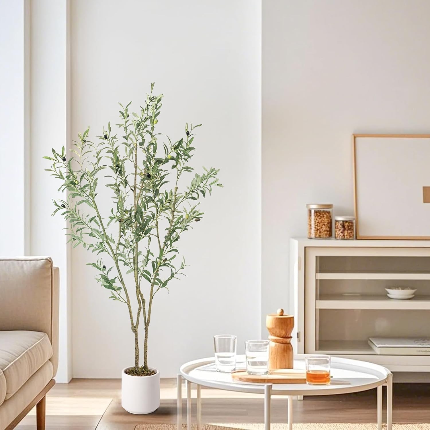 Artificial Fake Olive Tree 5FT Tall 1Pack with White Planter Faux Silk Olive …