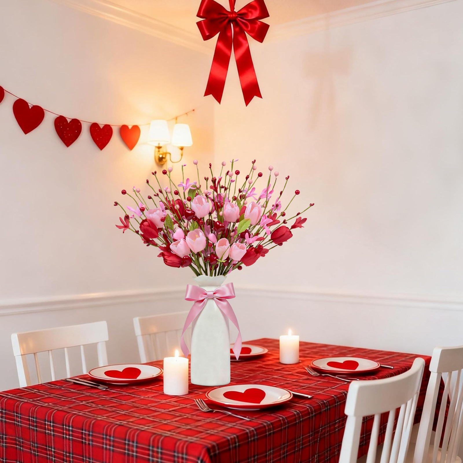 12 PCS Artificial Valentine Decor 17 Inch Pink Picks Red Tulip Berries Wedding