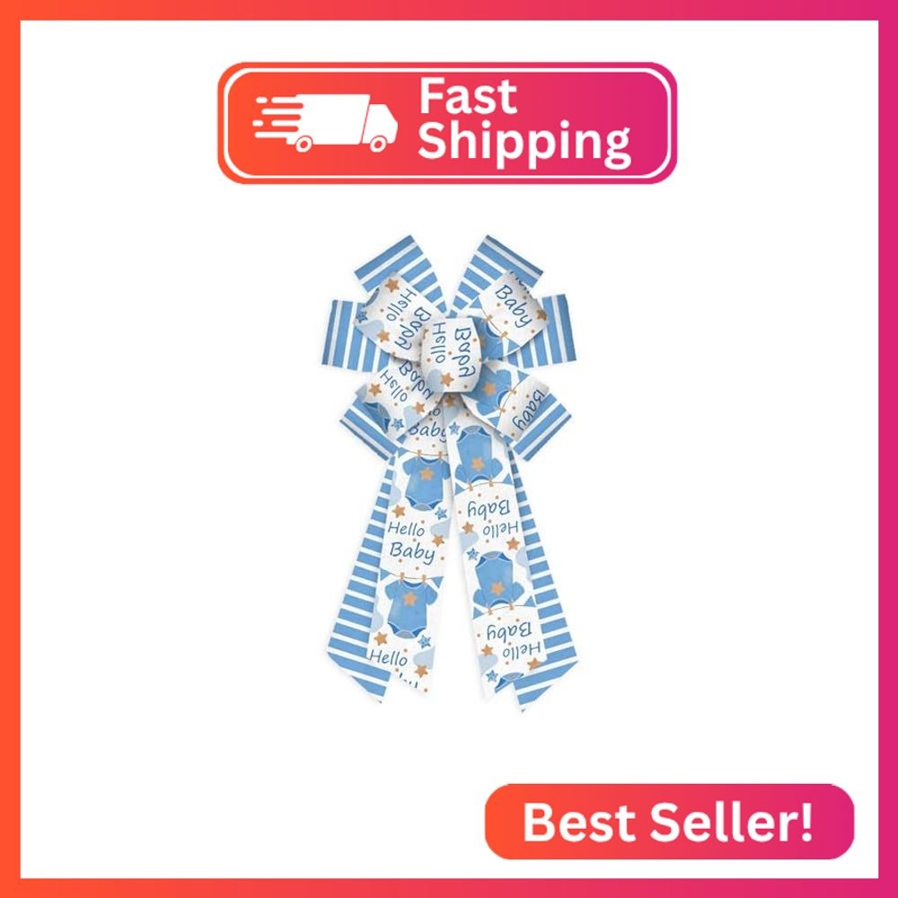 Threetols Baby Shower Wreath Bows, Blue White Stripe Bows for Wreath Baby Blue D