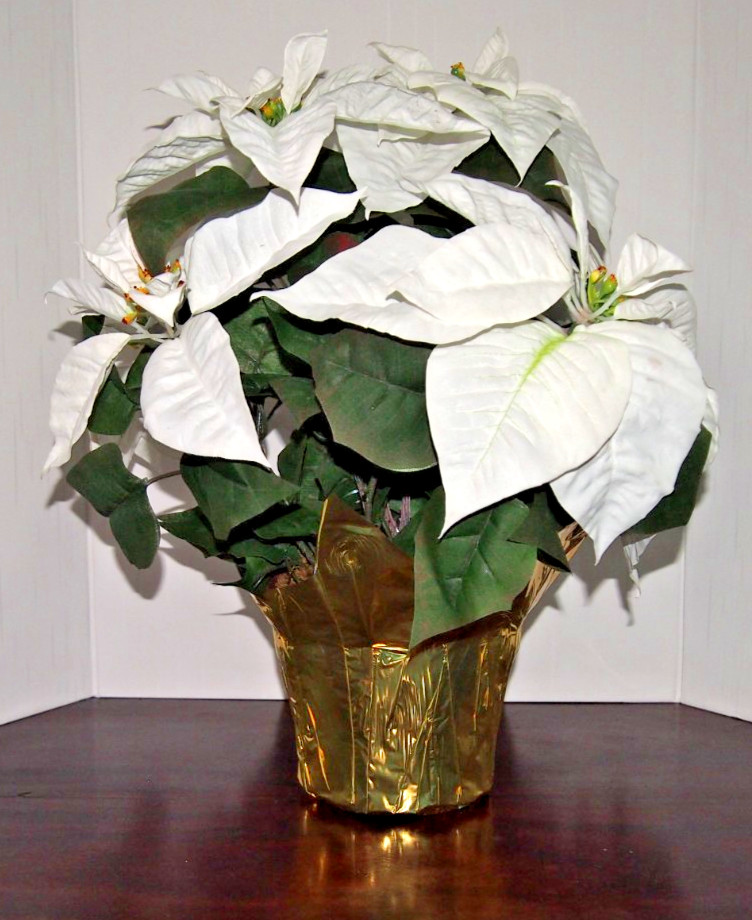Winter/Christmas Silk Table Top White Poinsettia Plant-Approximately 18″ X 16″